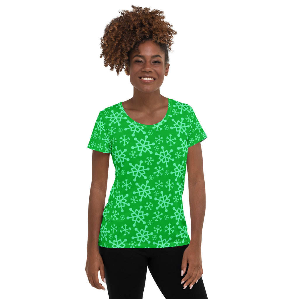 Women’s Green Snowflake Performance Athletic T-Shirt - Lightweight Moisture Wicking Workout Top with UPF 50+