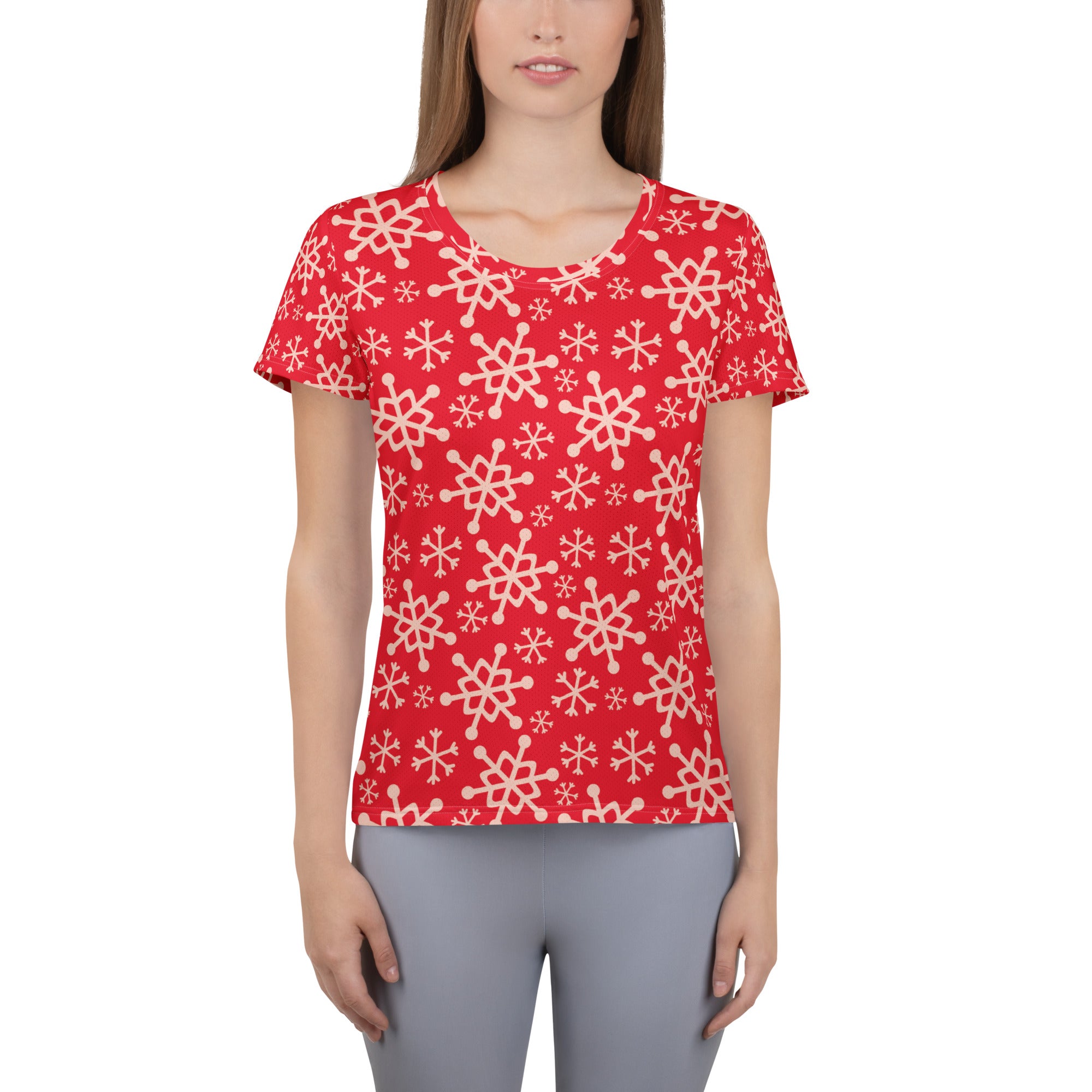 Women’s Red Snowflake Performance Athletic T-Shirt - Lightweight Moisture Wicking Workout Top with UPF 50+