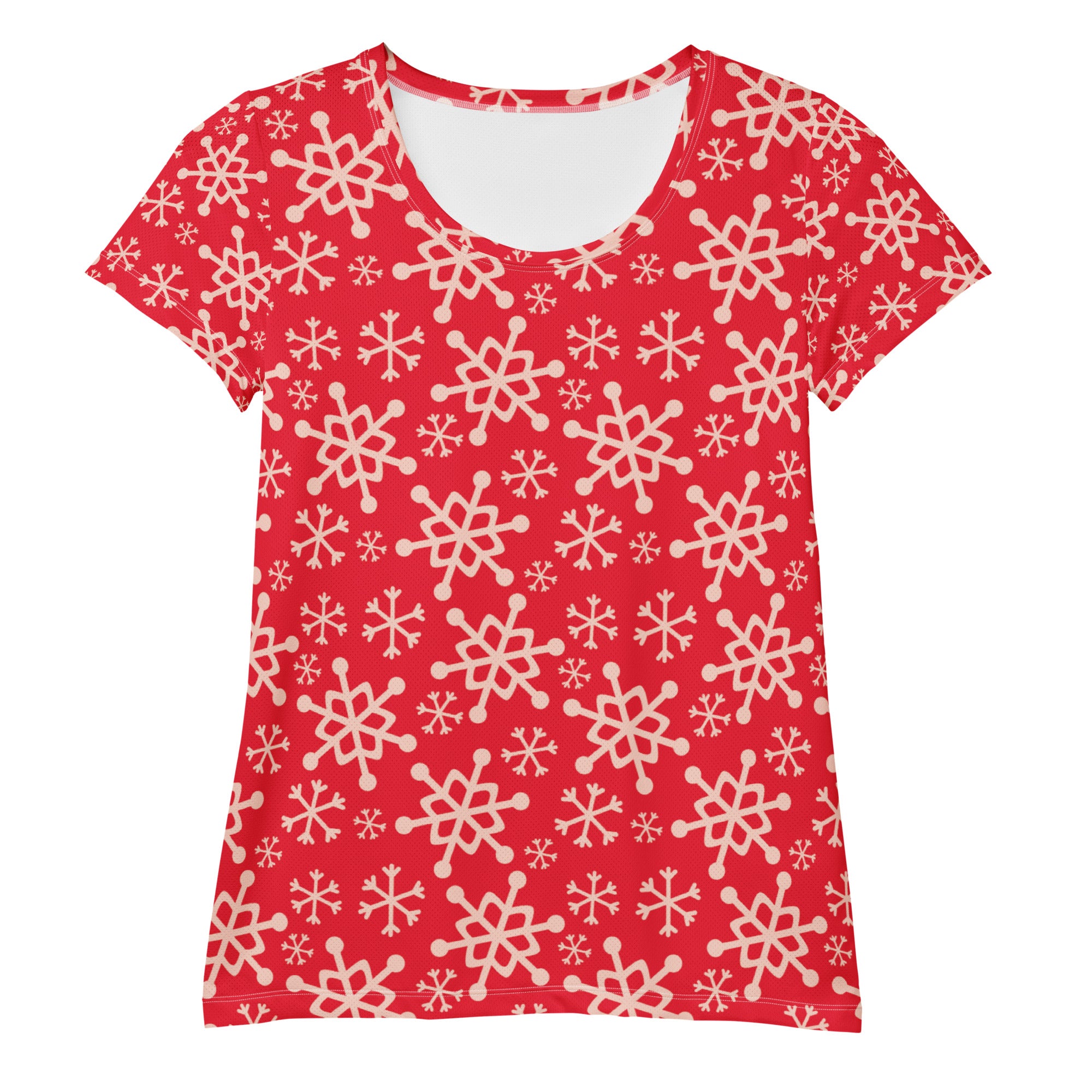 Women’s Red Snowflake Performance Athletic T-Shirt - Lightweight Moisture Wicking Workout Top with UPF 50+