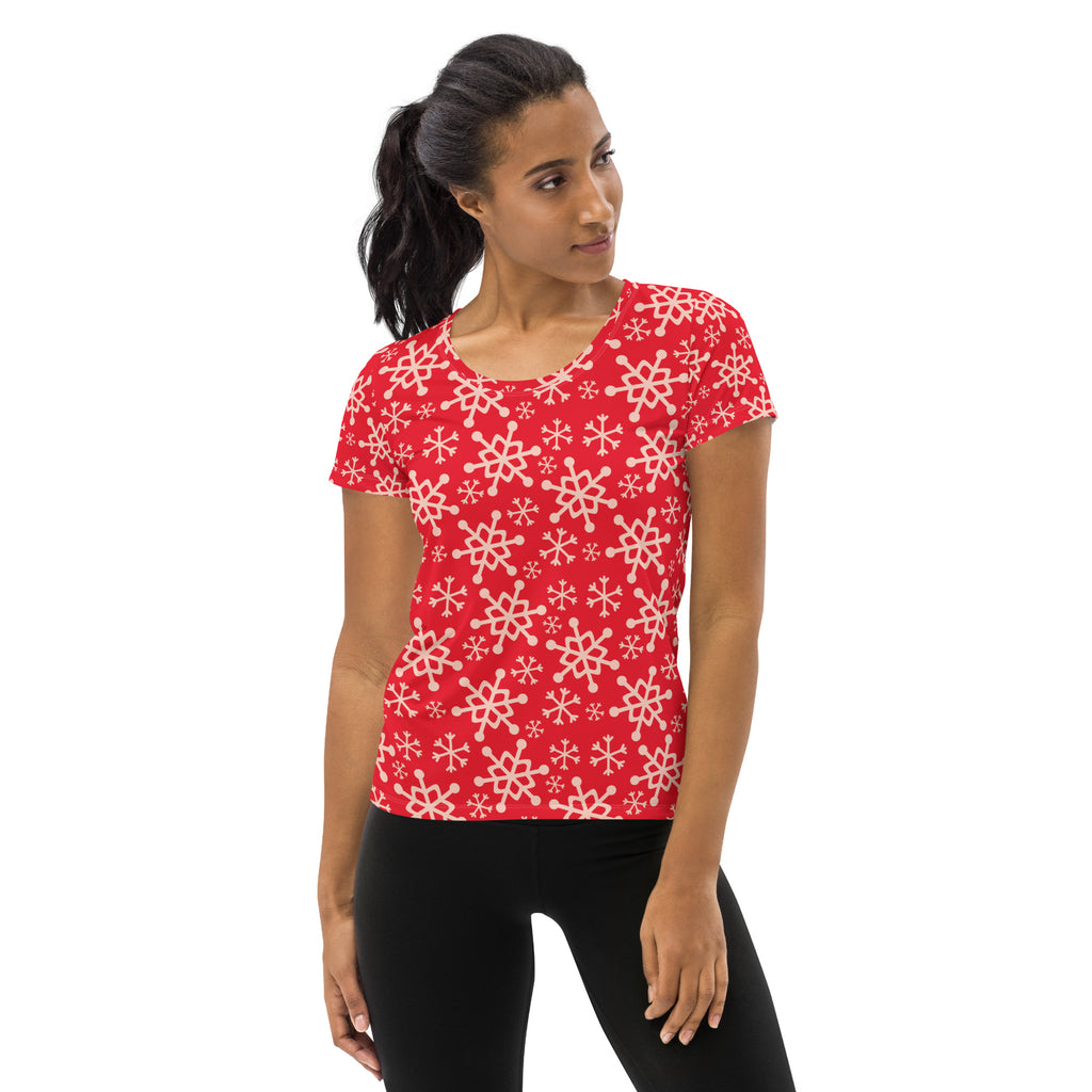 Women’s Red Snowflake Performance Athletic T-Shirt - Lightweight Moisture Wicking Workout Top with UPF 50+