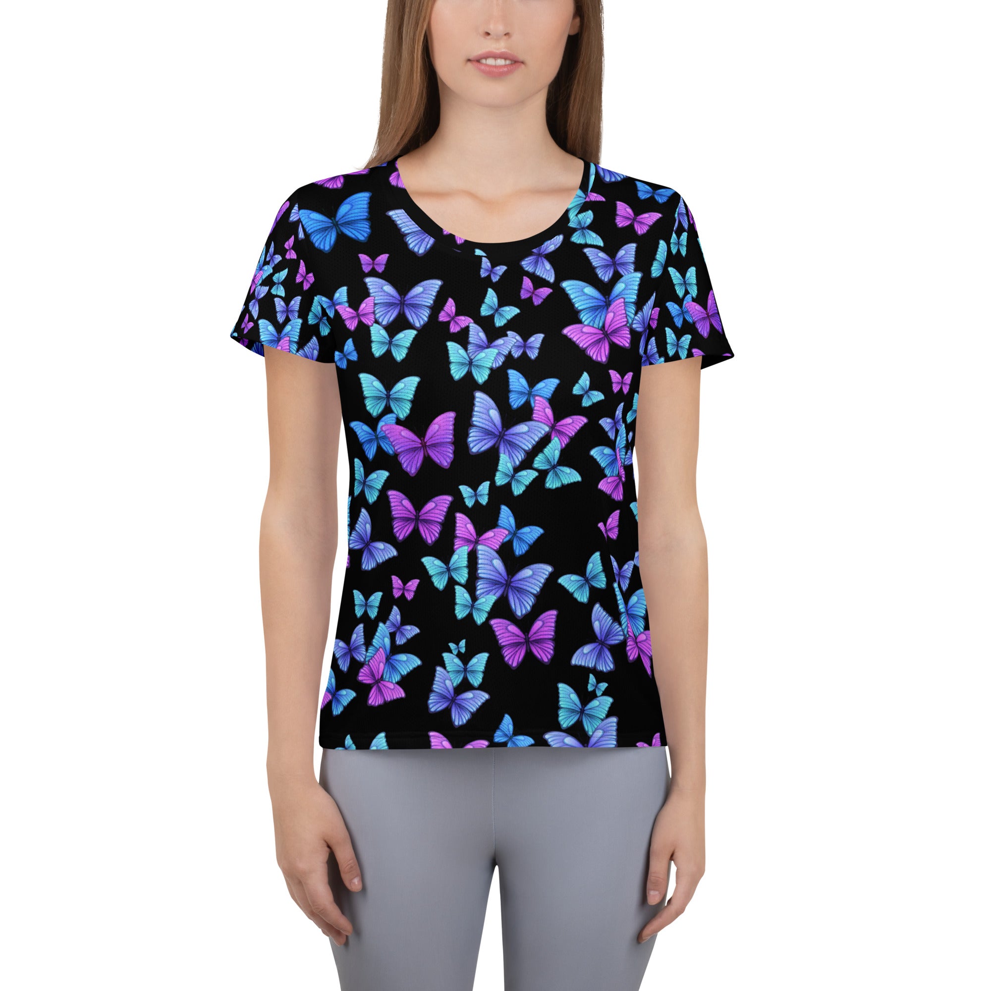 Women’s Vibrant Butterfly Performance Athletic T-Shirt - Lightweight Moisture Wicking Workout Top with UPF 50+
