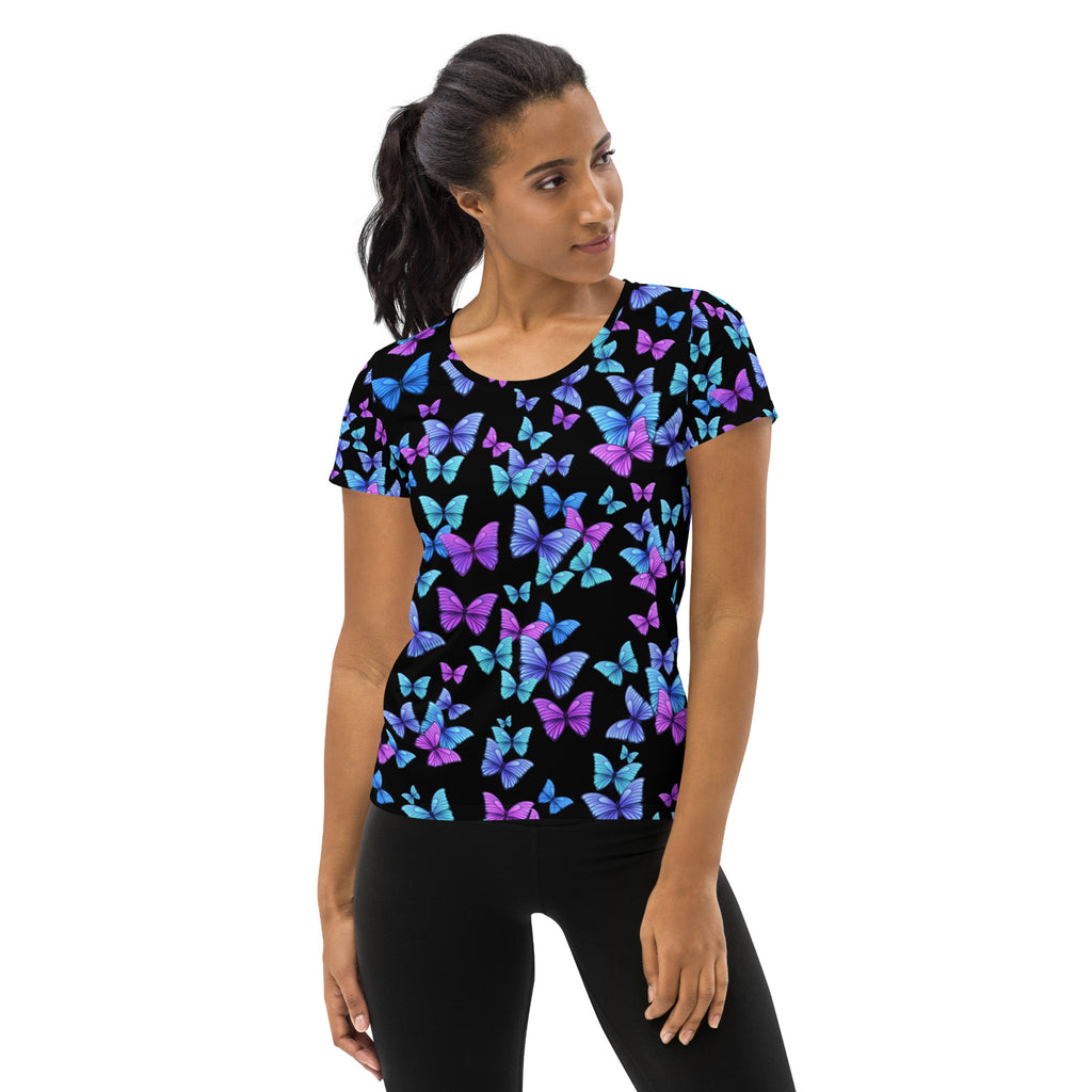 Women’s Vibrant Butterfly Performance Athletic T-Shirt - Lightweight Moisture Wicking Workout Top with UPF 50+