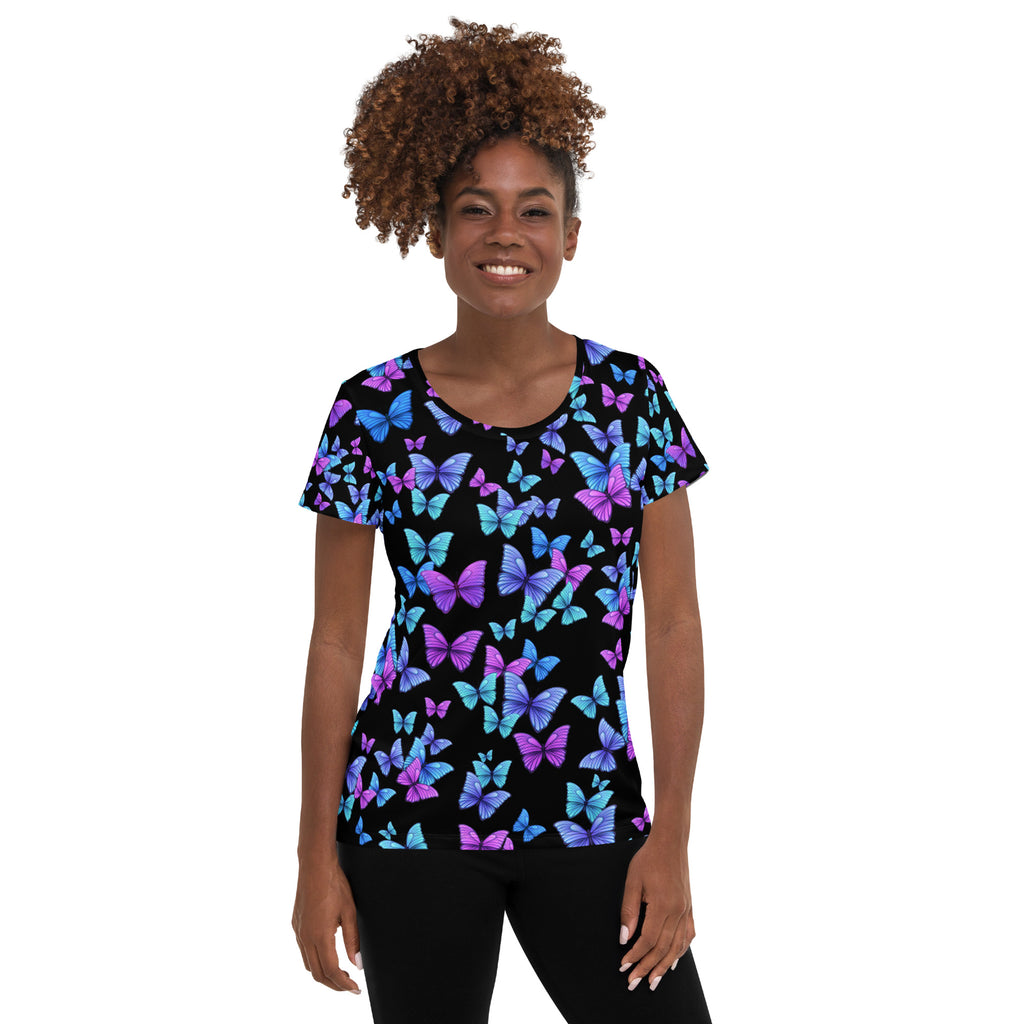 Women’s Vibrant Butterfly Performance Athletic T-Shirt - Lightweight Moisture Wicking Workout Top with UPF 50+