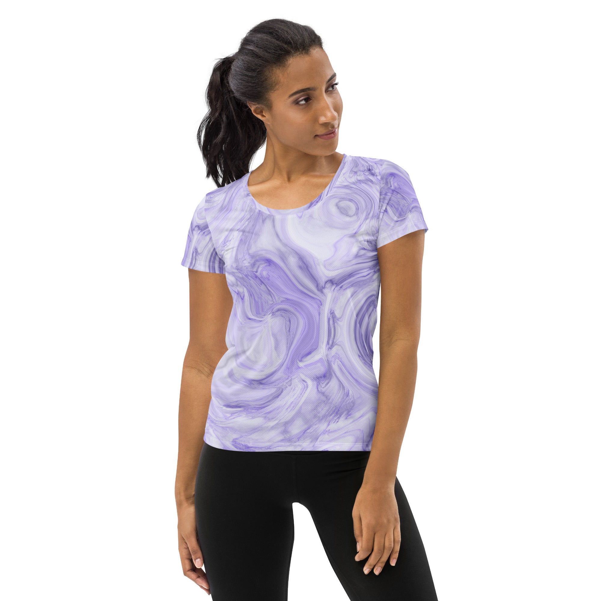 Women’s Lavender Marble Performance Athletic T-Shirt - Lightweight Moisture Wicking Workout Top with UPF 50+