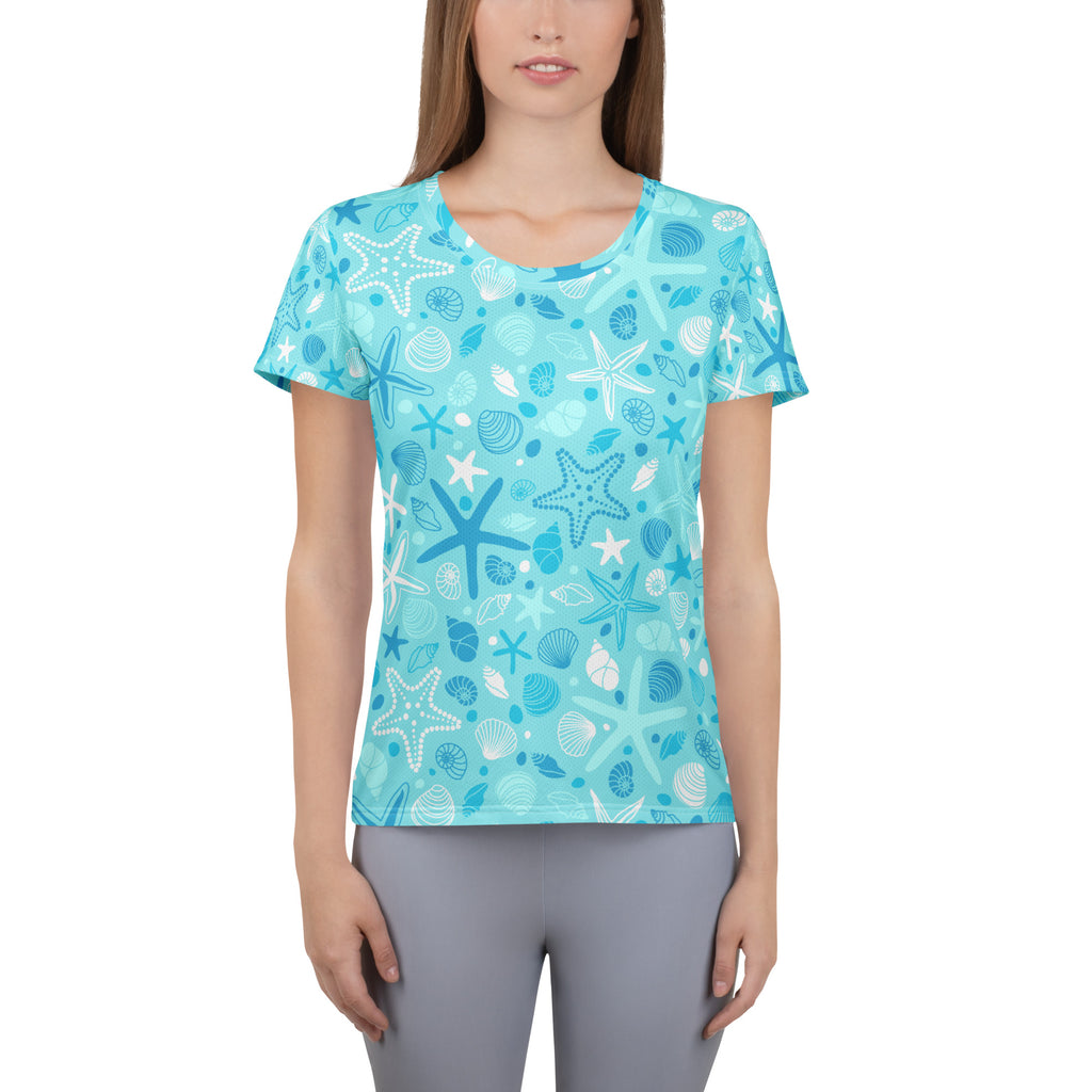 Women’s Starfish & Shells Performance Athletic T-Shirt - Lightweight Moisture Wicking Workout Top with UPF 50+