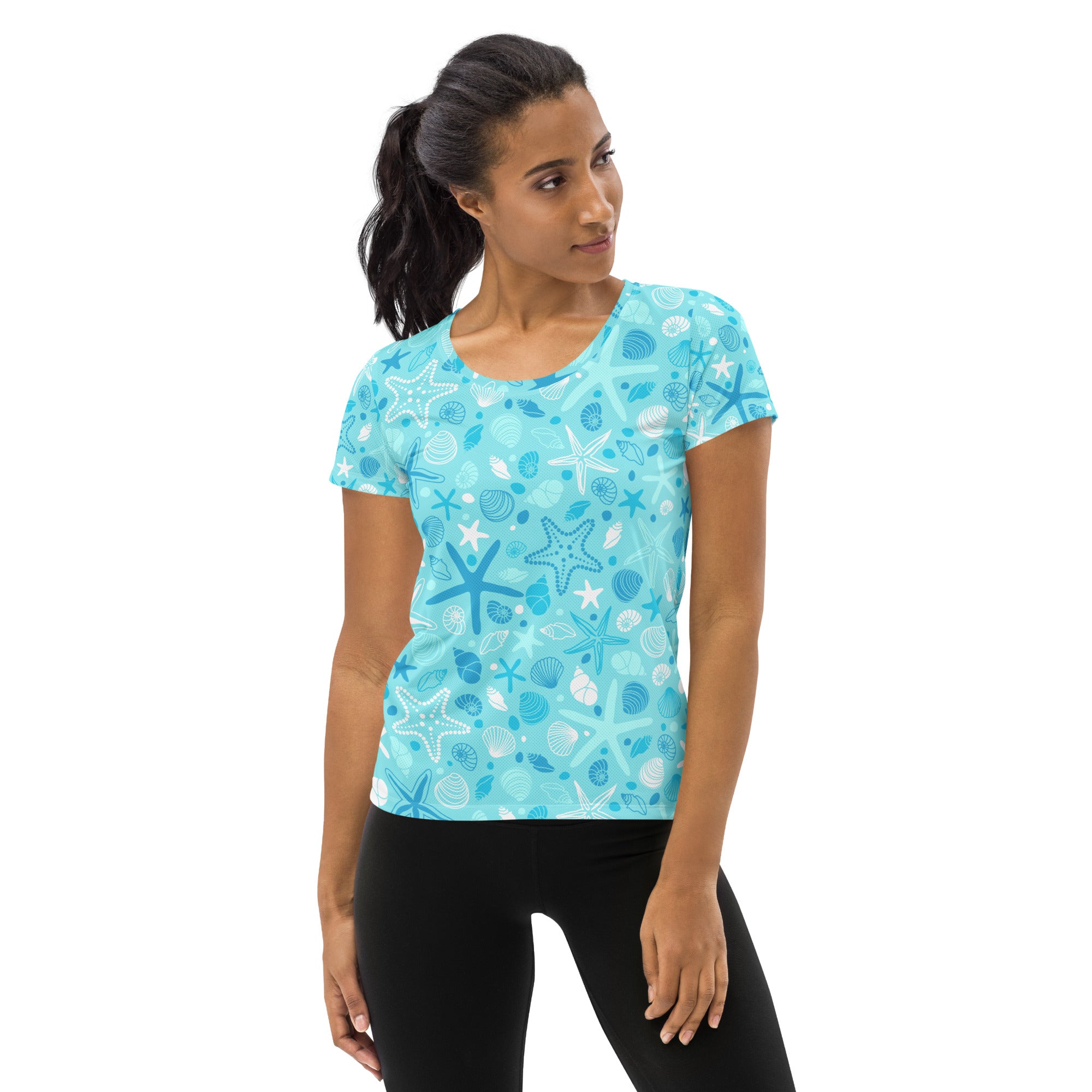 Women’s Starfish & Shells Performance Athletic T-Shirt - Lightweight Moisture Wicking Workout Top with UPF 50+