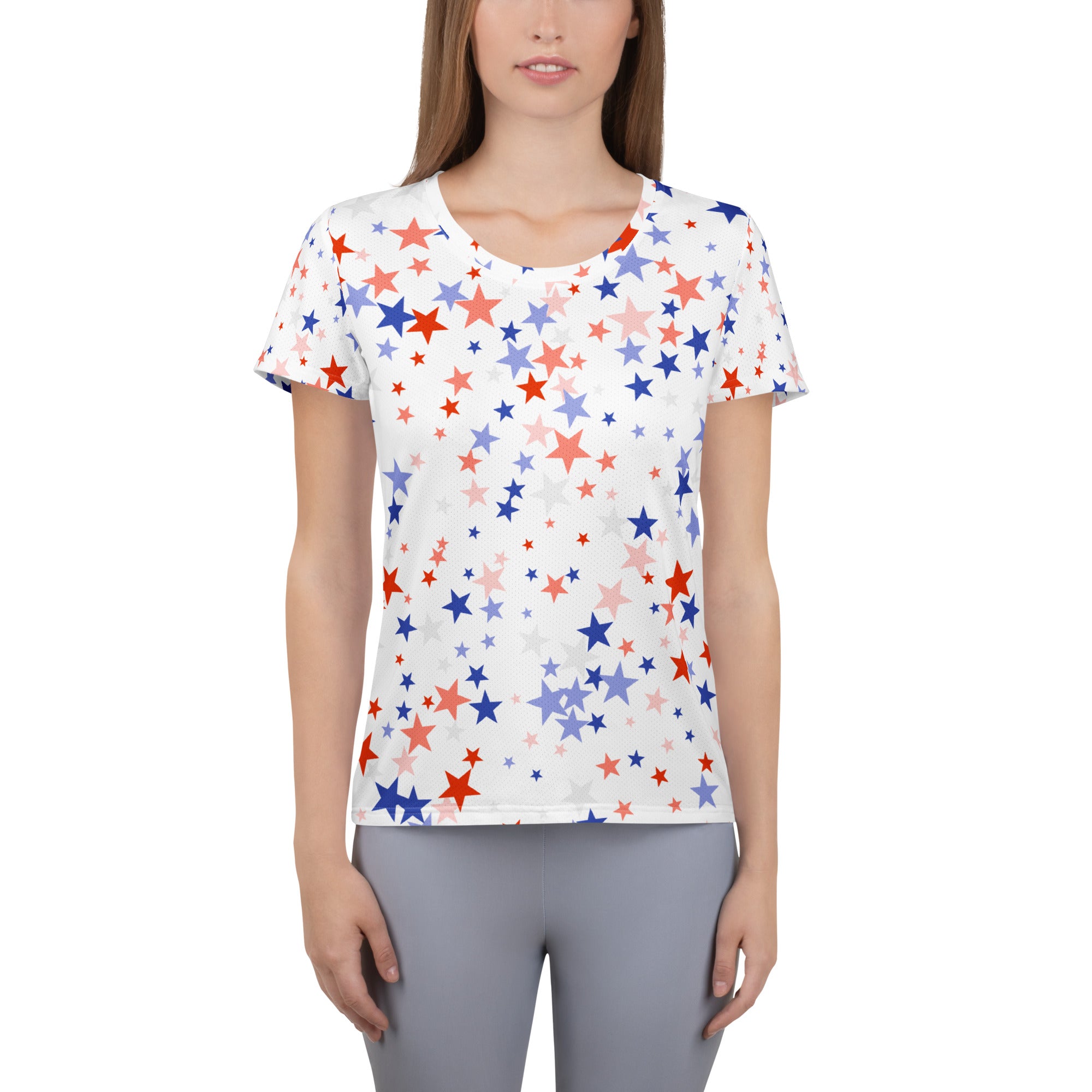 Women’s Red White & Blue Star Performance Athletic T-Shirt - Lightweight Moisture Wicking Workout Top with UPF 50+