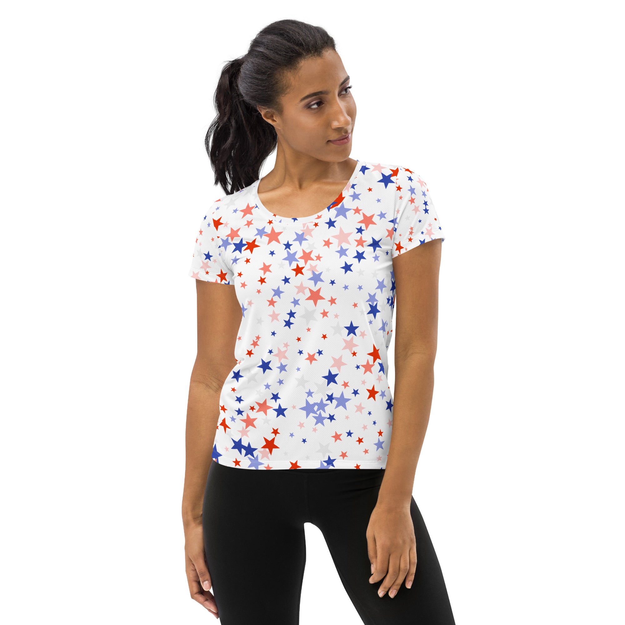Women’s Red White & Blue Star Performance Athletic T-Shirt - Lightweight Moisture Wicking Workout Top with UPF 50+