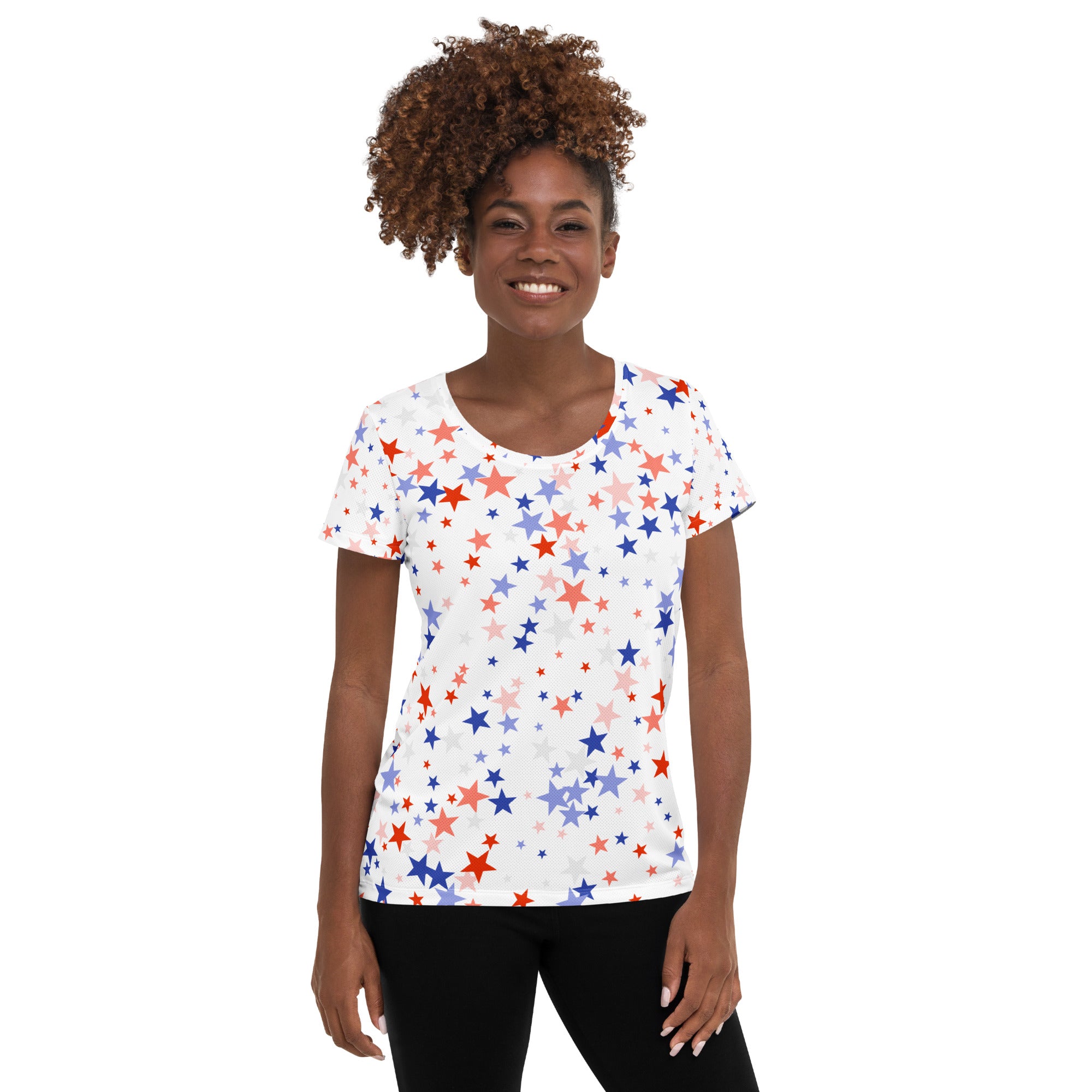 Women’s Red White & Blue Star Performance Athletic T-Shirt - Lightweight Moisture Wicking Workout Top with UPF 50+