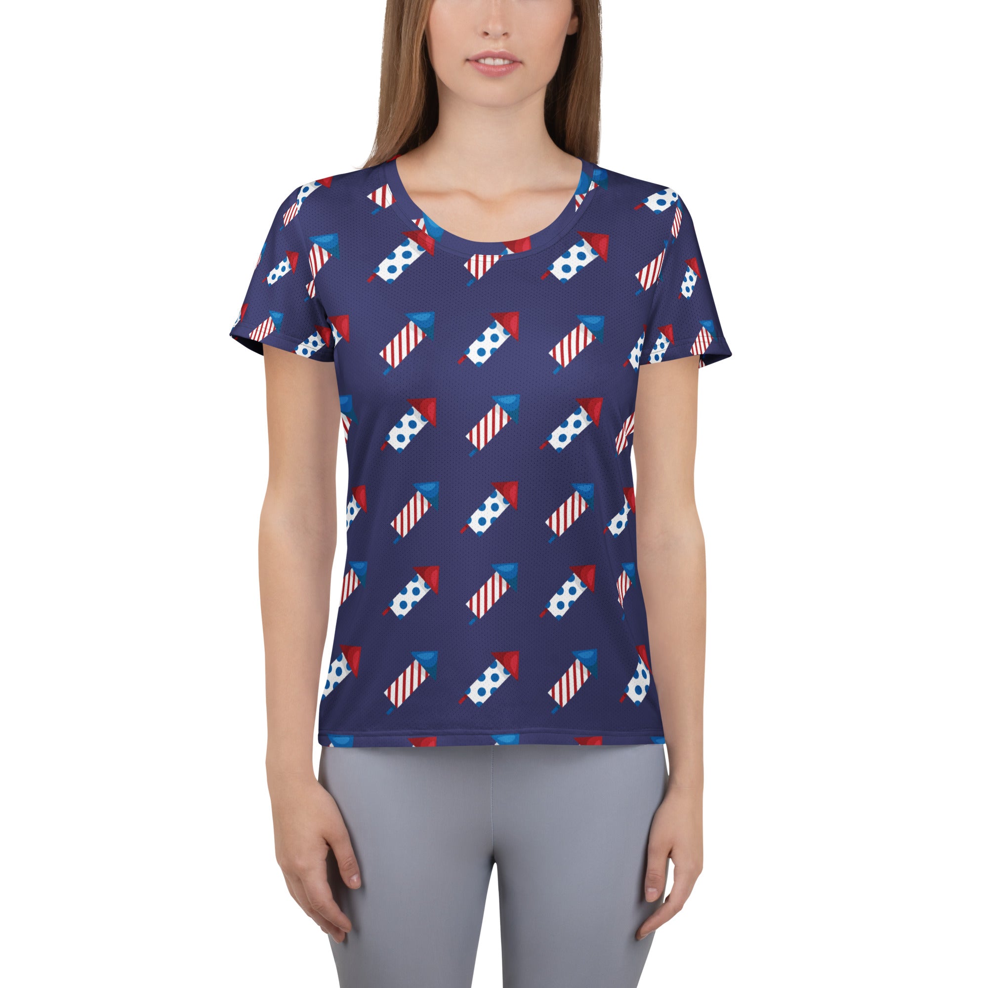 Women’s Patriotic Fireworks Performance Athletic T-Shirt - Lightweight Moisture Wicking Workout Top with UPF 50+