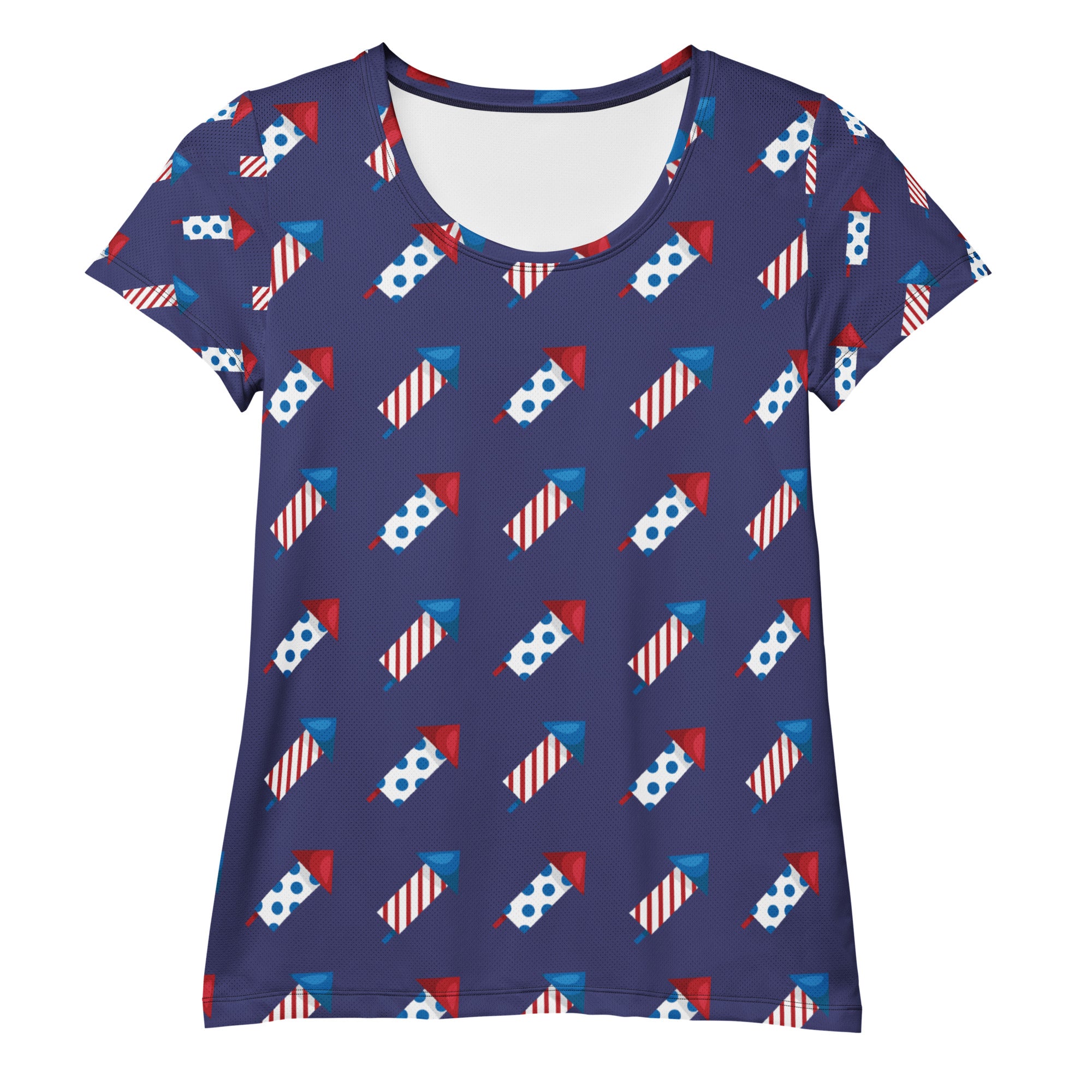 Women’s Patriotic Fireworks Performance Athletic T-Shirt - Lightweight Moisture Wicking Workout Top with UPF 50+
