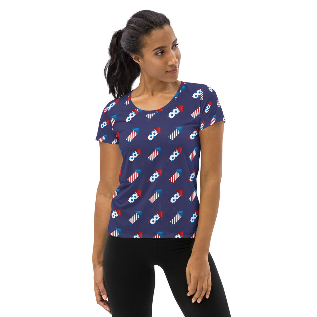 Women’s Patriotic Fireworks Performance Athletic T-Shirt - Lightweight Moisture Wicking Workout Top with UPF 50+