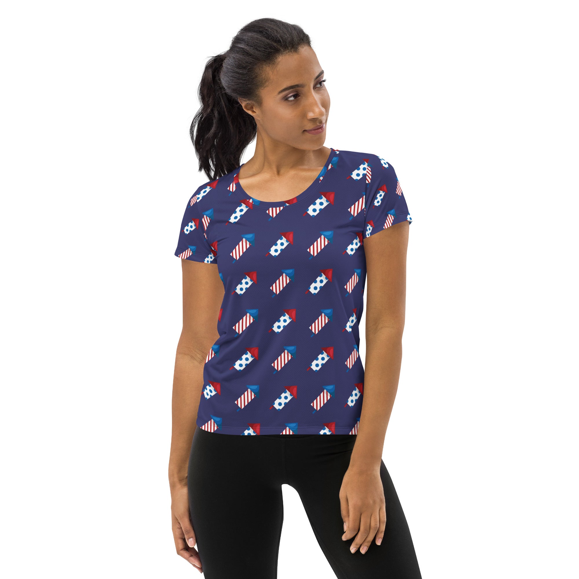 Women’s Patriotic Fireworks Performance Athletic T-Shirt - Lightweight Moisture Wicking Workout Top with UPF 50+