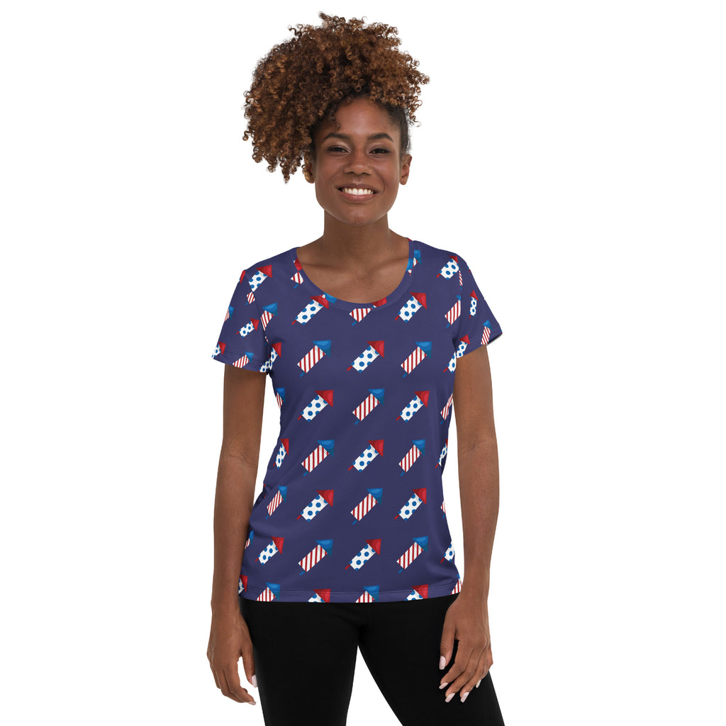 Women’s Patriotic Fireworks Performance Athletic T-Shirt - Lightweight Moisture Wicking Workout Top with UPF 50+