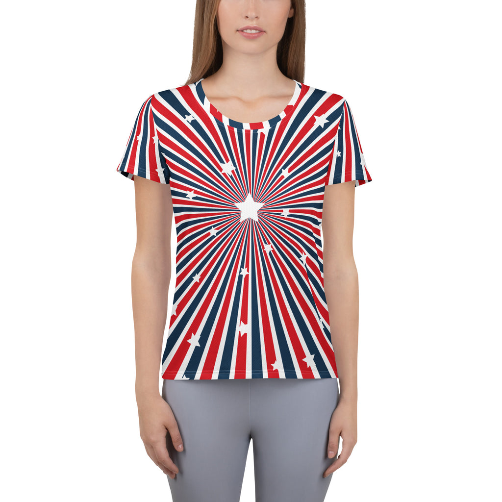 Women’s Patriotic Starburst Performance Athletic T-Shirt - Lightweight Moisture Wicking Workout Top with UPF 50+
