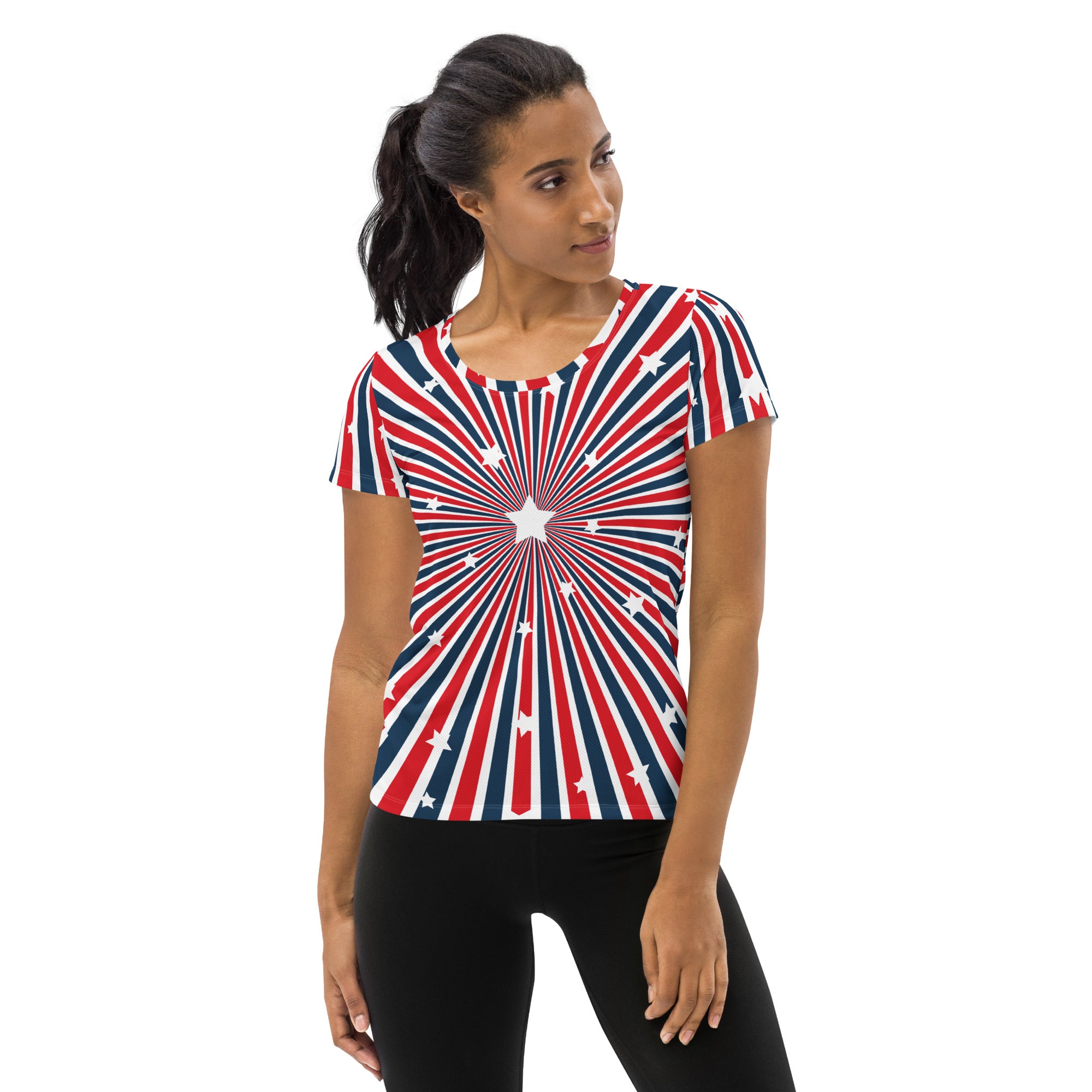 Women’s Patriotic Starburst Performance Athletic T-Shirt - Lightweight Moisture Wicking Workout Top with UPF 50+