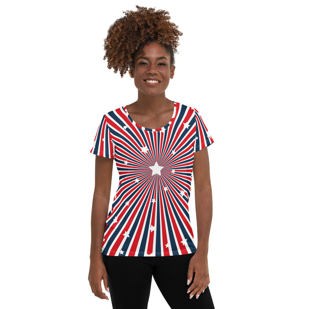 Women’s Patriotic Starburst Performance Athletic T-Shirt - Lightweight Moisture Wicking Workout Top with UPF 50+