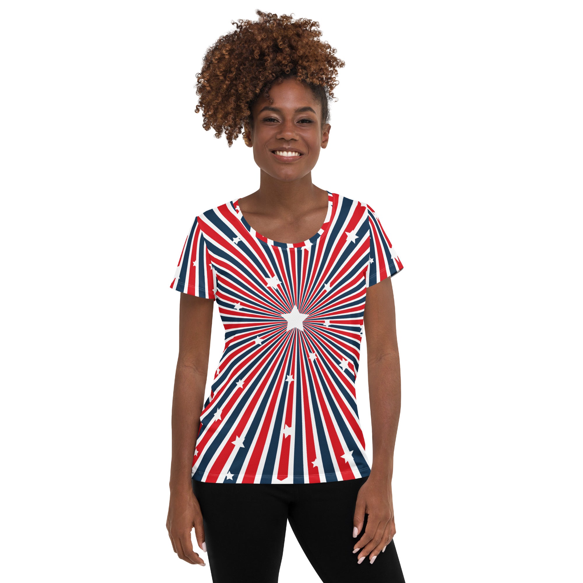 Women’s Patriotic Starburst Performance Athletic T-Shirt - Lightweight Moisture Wicking Workout Top with UPF 50+