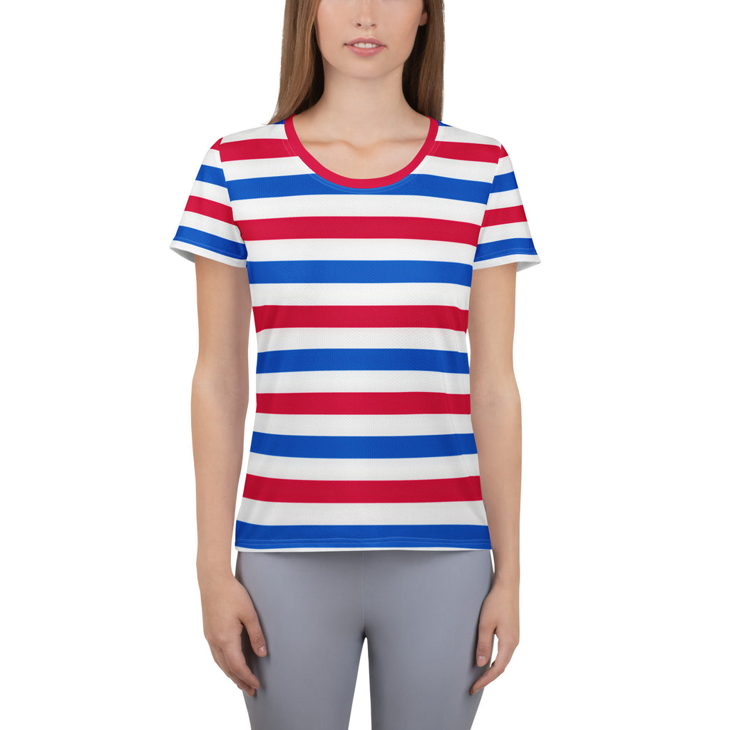 Women’s Patriotic Striped Performance Athletic T-Shirt - Lightweight Moisture Wicking Workout Top with UPF 50+