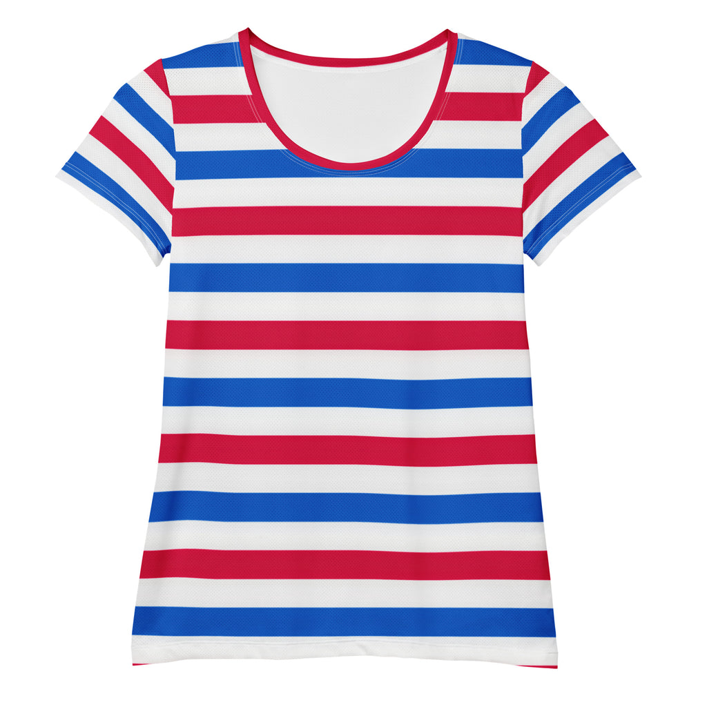 Women’s Patriotic Striped Performance Athletic T-Shirt - Lightweight Moisture Wicking Workout Top with UPF 50+