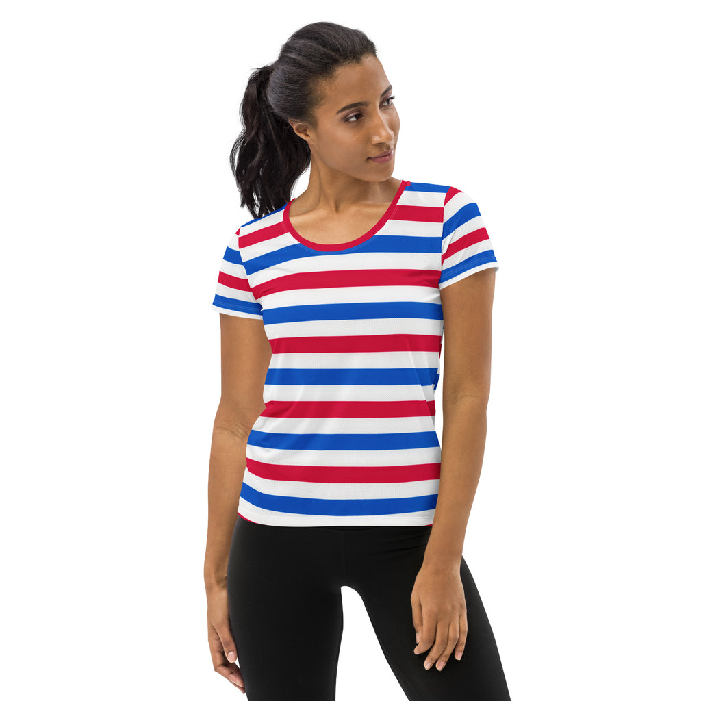 Women’s Patriotic Striped Performance Athletic T-Shirt - Lightweight Moisture Wicking Workout Top with UPF 50+