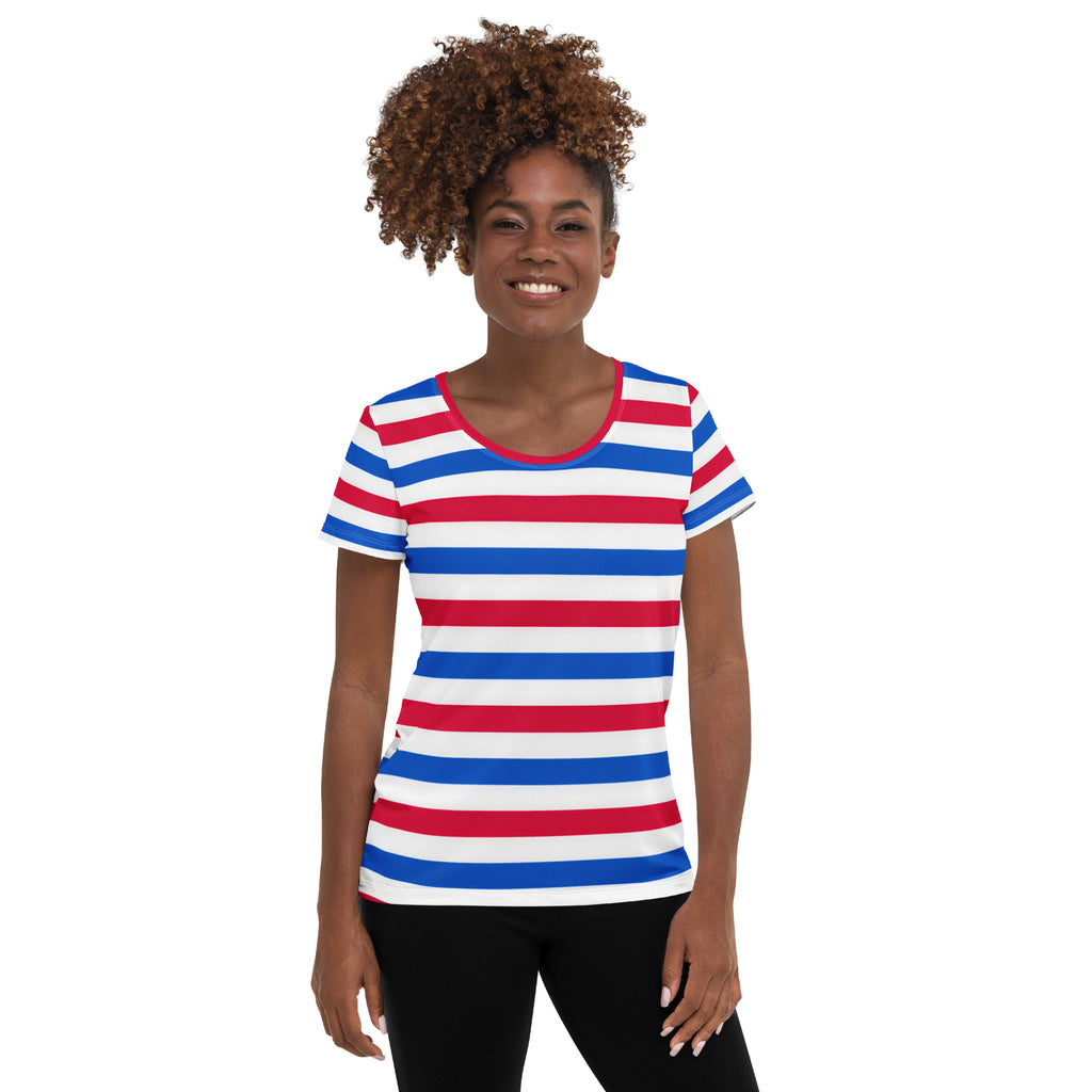 Women’s Patriotic Striped Performance Athletic T-Shirt - Lightweight Moisture Wicking Workout Top with UPF 50+