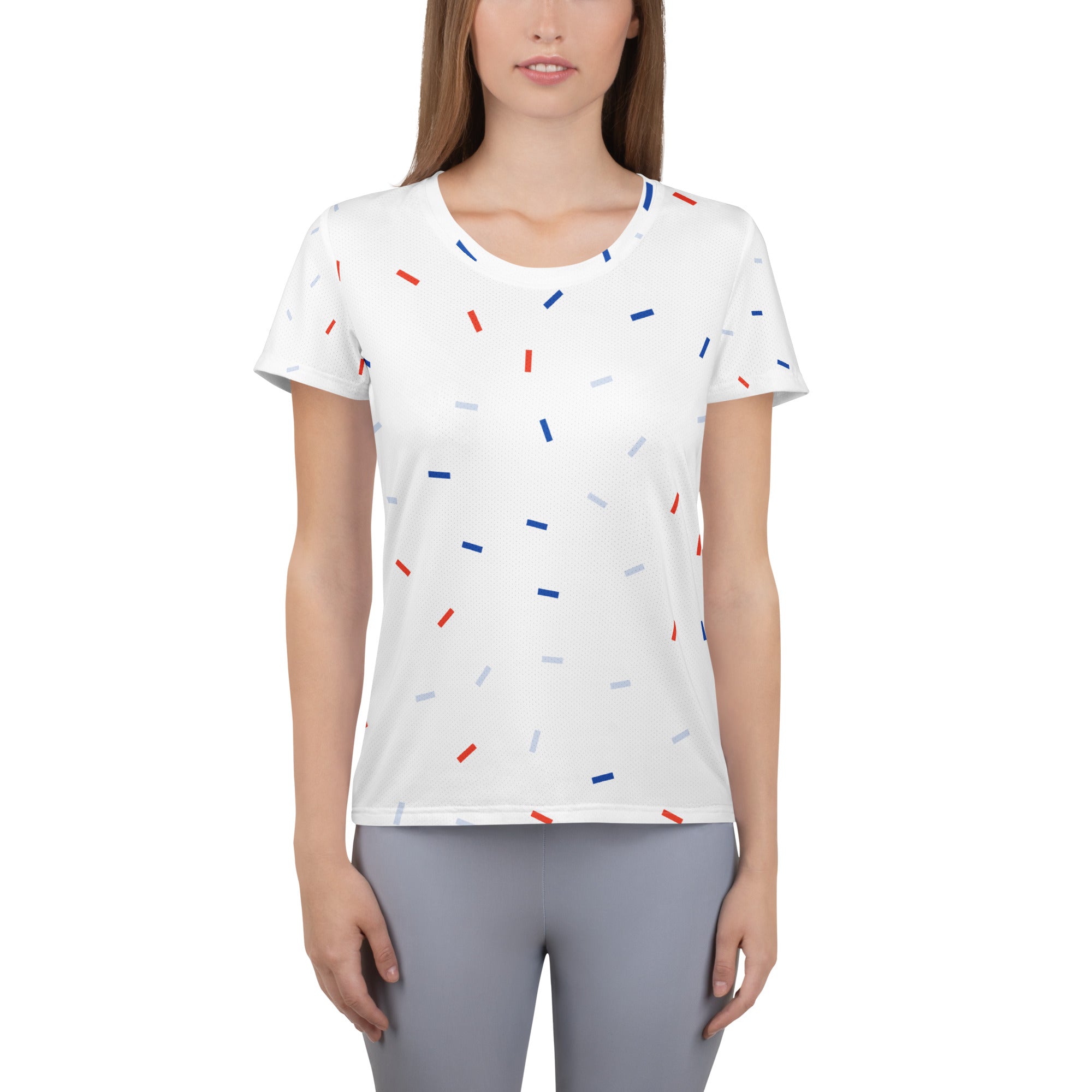 Women’s Patriotic Confetti Performance Athletic T-Shirt - Lightweight Moisture Wicking Workout Top with UPF 50+