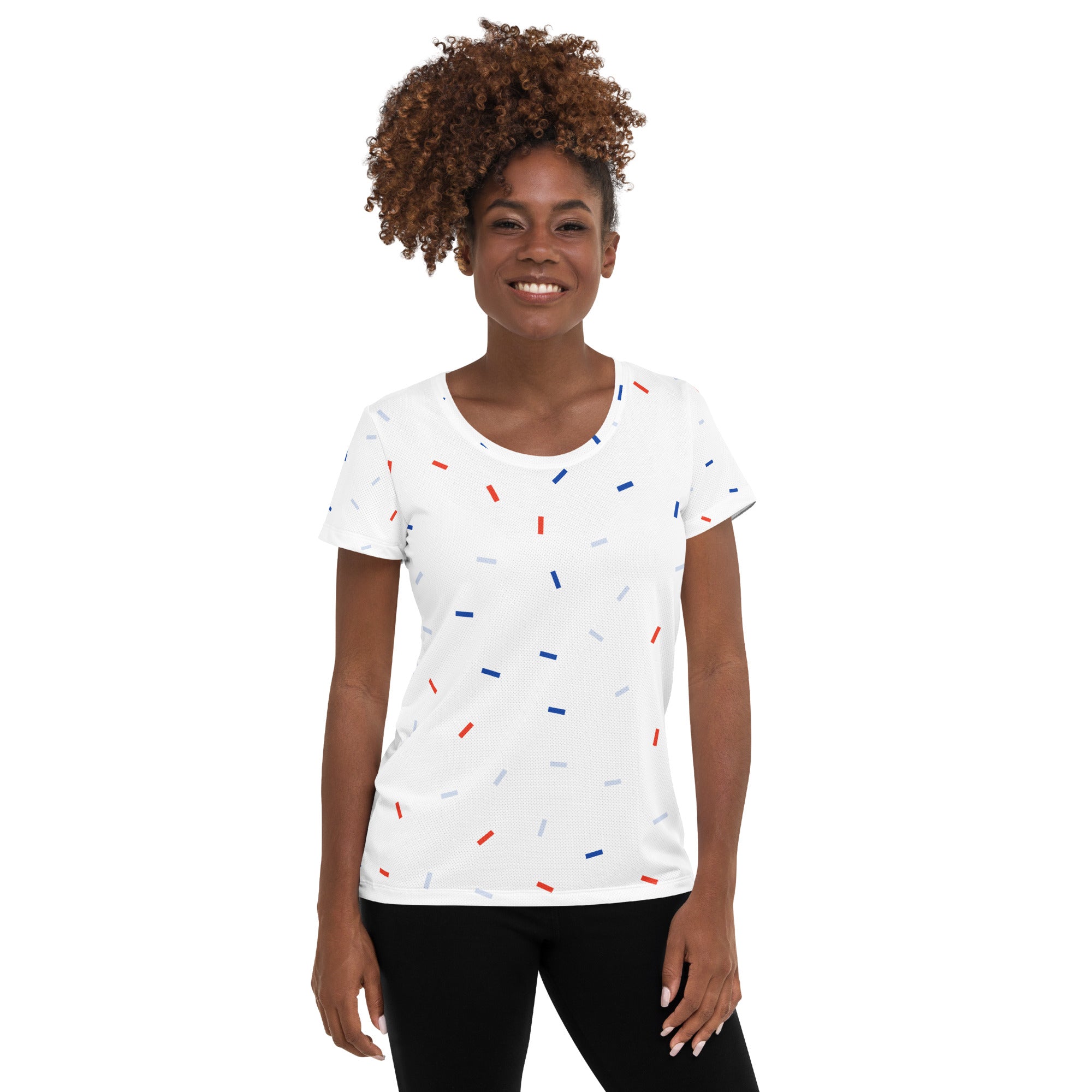 Women’s Patriotic Confetti Performance Athletic T-Shirt - Lightweight Moisture Wicking Workout Top with UPF 50+