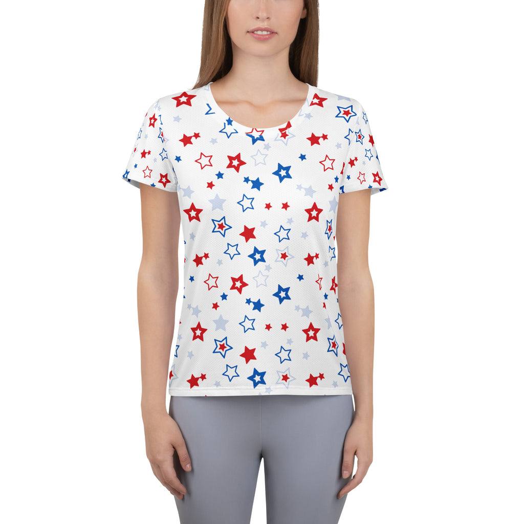 Women’s Red, White And Blue Stars 4th of July Performance Athletic T-Shirt - Lightweight Moisture Wicking Workout Top with UPF 50+
