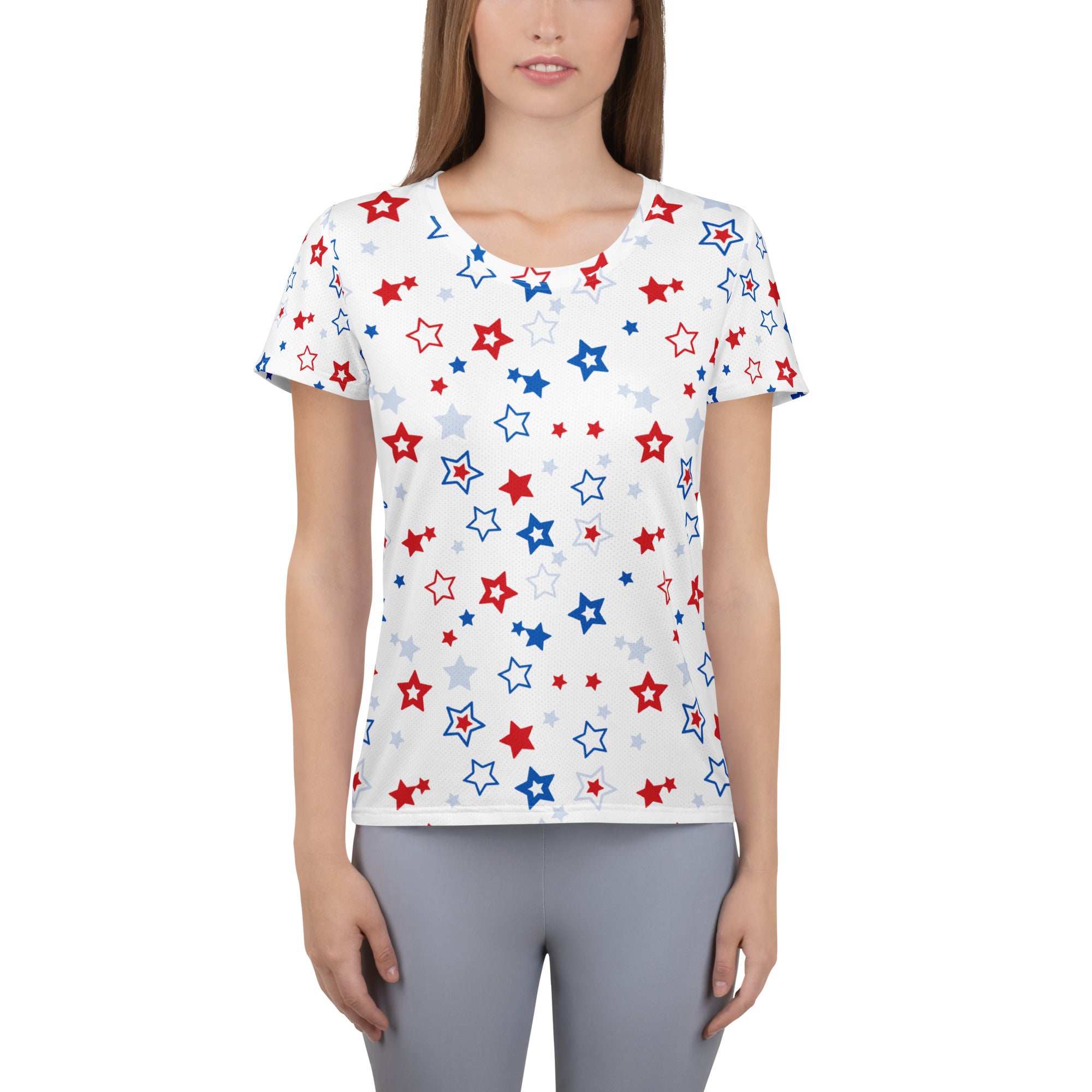 Women’s Red, White And Blue Stars 4th of July Performance Athletic T-Shirt - Lightweight Moisture Wicking Workout Top with UPF 50+