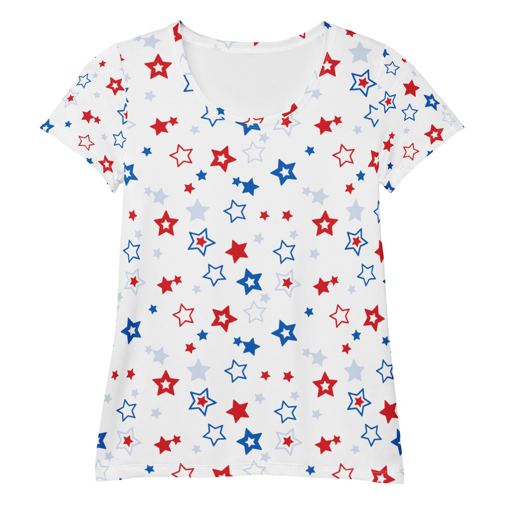 Women’s Red, White And Blue Stars 4th of July Performance Athletic T-Shirt - Lightweight Moisture Wicking Workout Top with UPF 50+