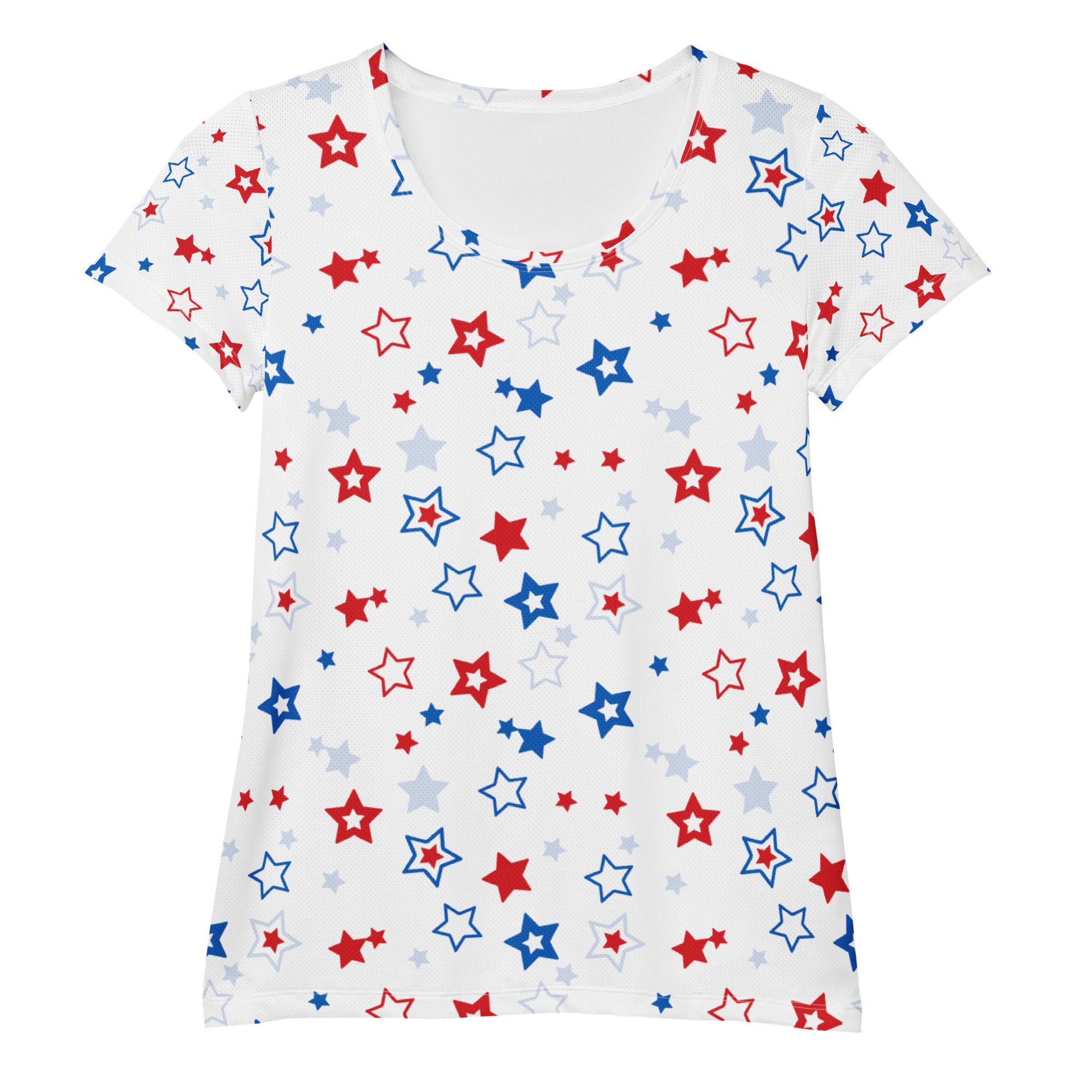 Women’s Red, White And Blue Stars 4th of July Performance Athletic T-Shirt - Lightweight Moisture Wicking Workout Top with UPF 50+