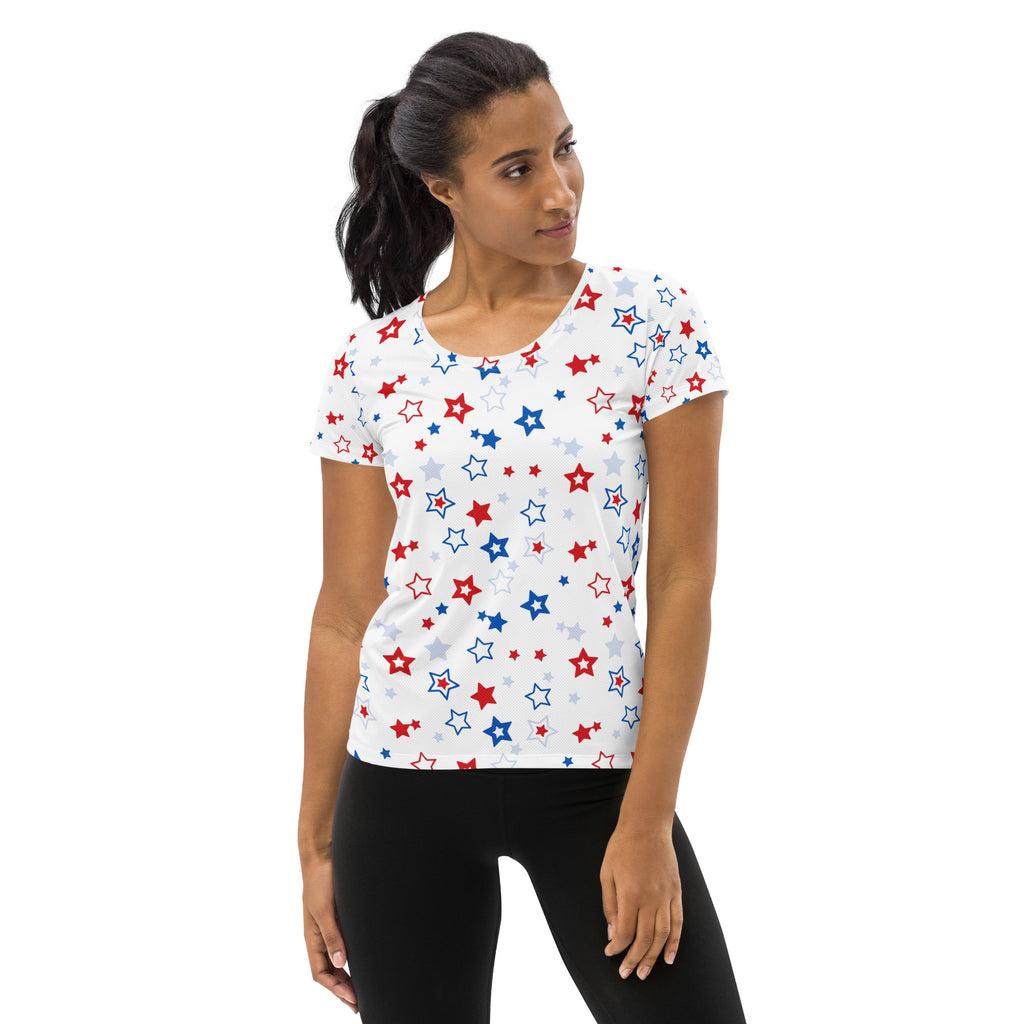 Women’s Red, White And Blue Stars 4th of July Performance Athletic T-Shirt - Lightweight Moisture Wicking Workout Top with UPF 50+