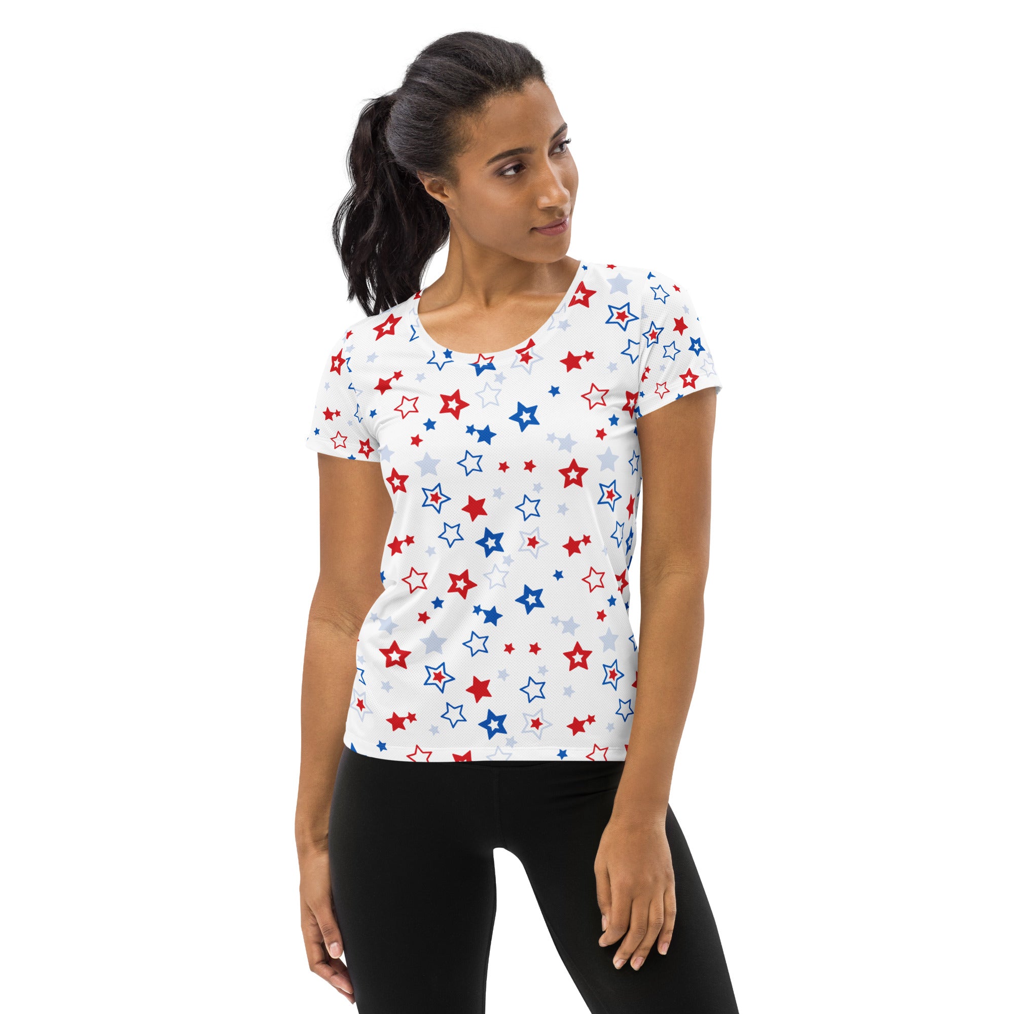Women’s Red, White And Blue Stars 4th of July Performance Athletic T-Shirt - Lightweight Moisture Wicking Workout Top with UPF 50+