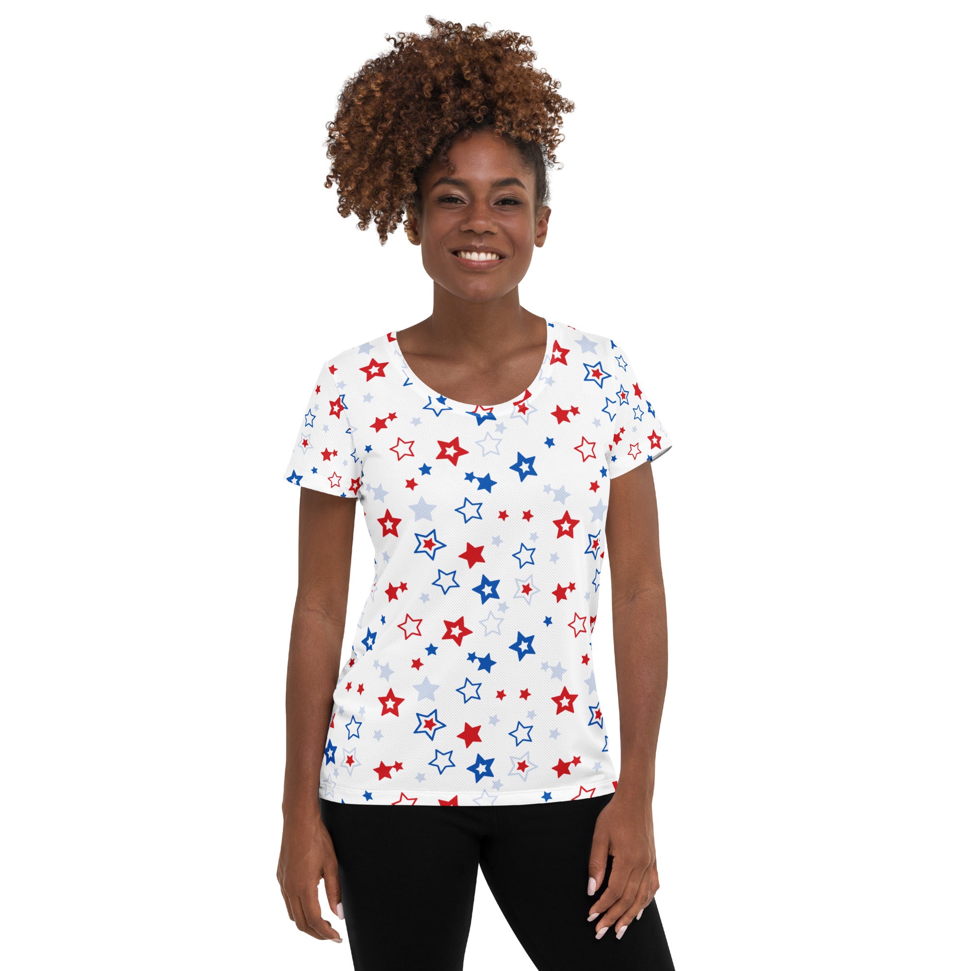 Women’s Red, White And Blue Stars 4th of July Performance Athletic T-Shirt - Lightweight Moisture Wicking Workout Top with UPF 50+
