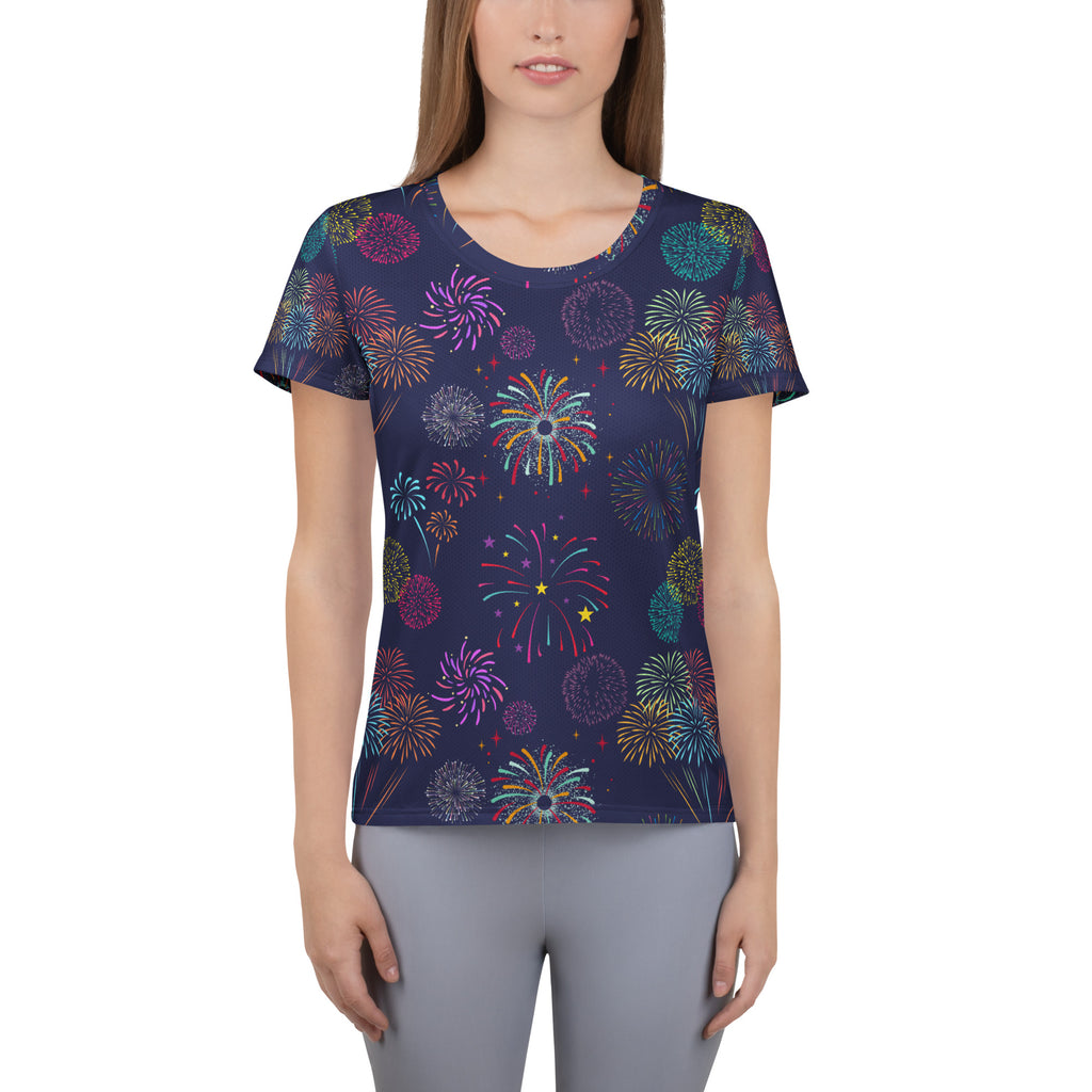 Women’s Colorful Fireworks Performance Athletic T-Shirt - Lightweight Moisture Wicking Workout Top with UPF 50+