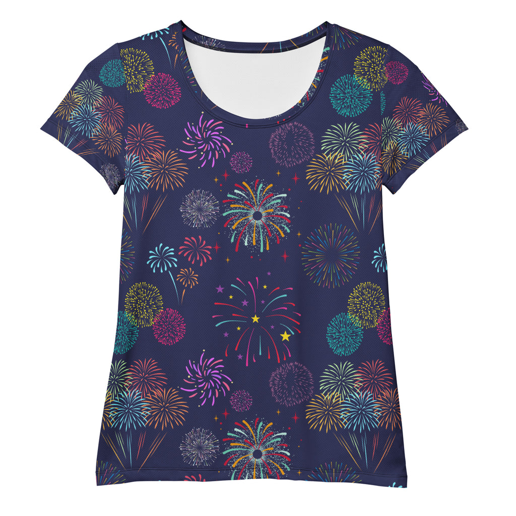 Women’s Colorful Fireworks Performance Athletic T-Shirt - Lightweight Moisture Wicking Workout Top with UPF 50+