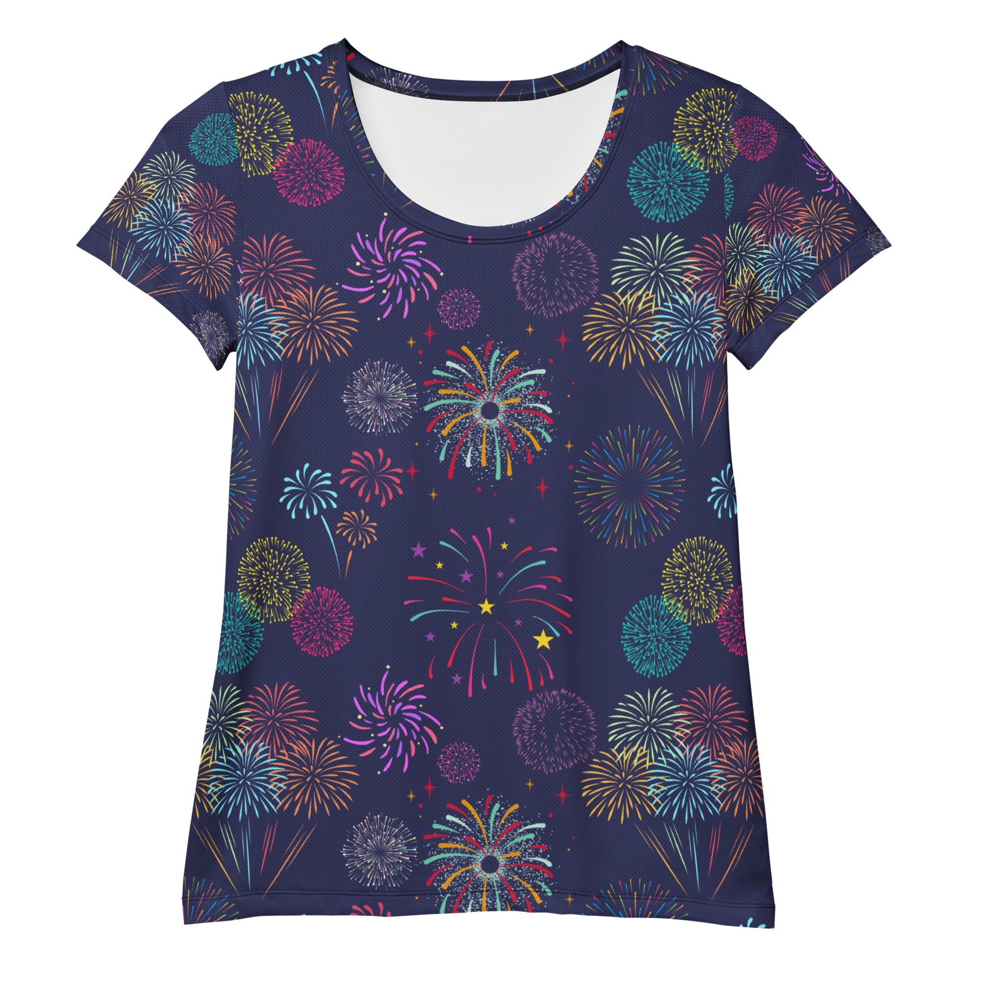 Women’s Colorful Fireworks Performance Athletic T-Shirt - Lightweight Moisture Wicking Workout Top with UPF 50+