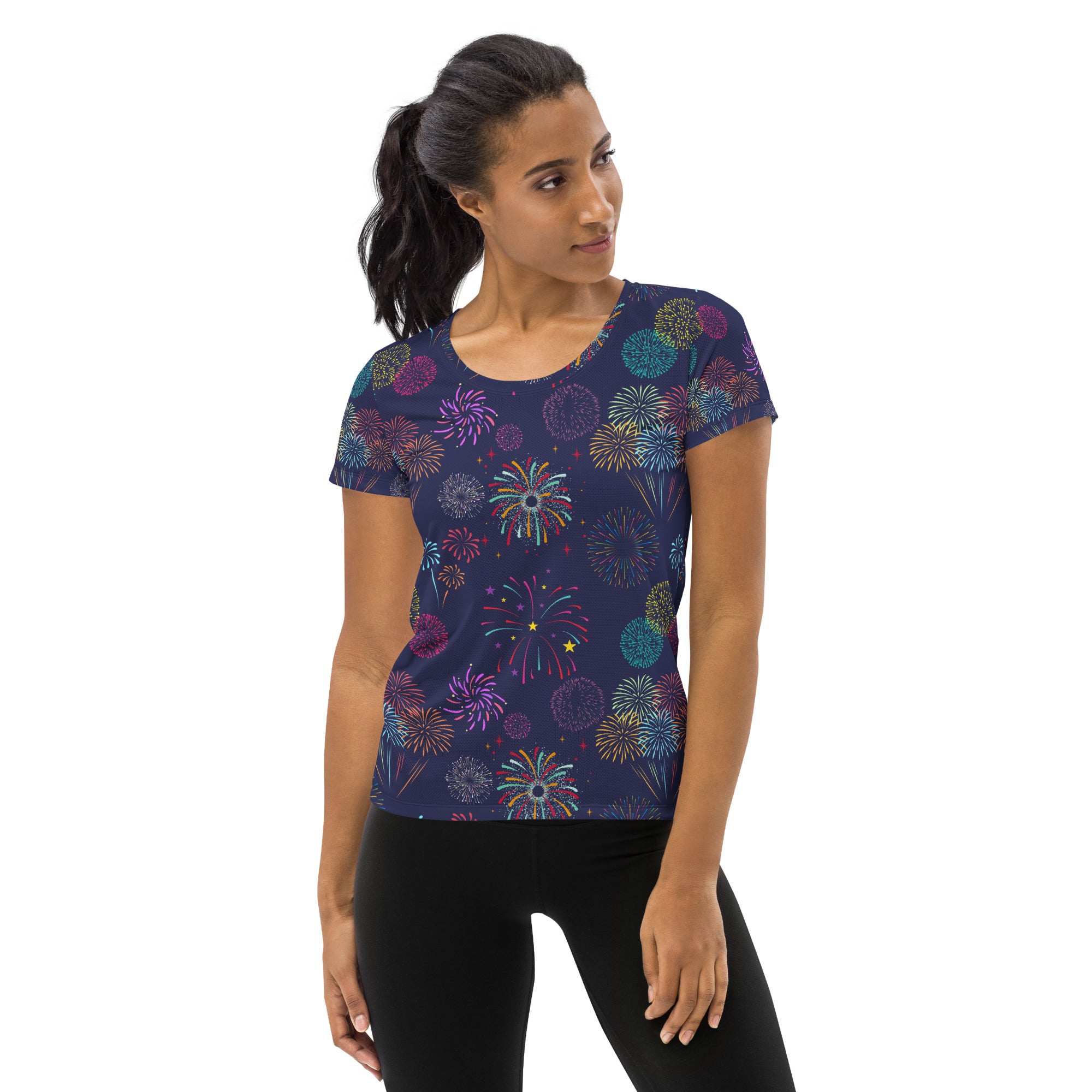 Women’s Colorful Fireworks Performance Athletic T-Shirt - Lightweight Moisture Wicking Workout Top with UPF 50+