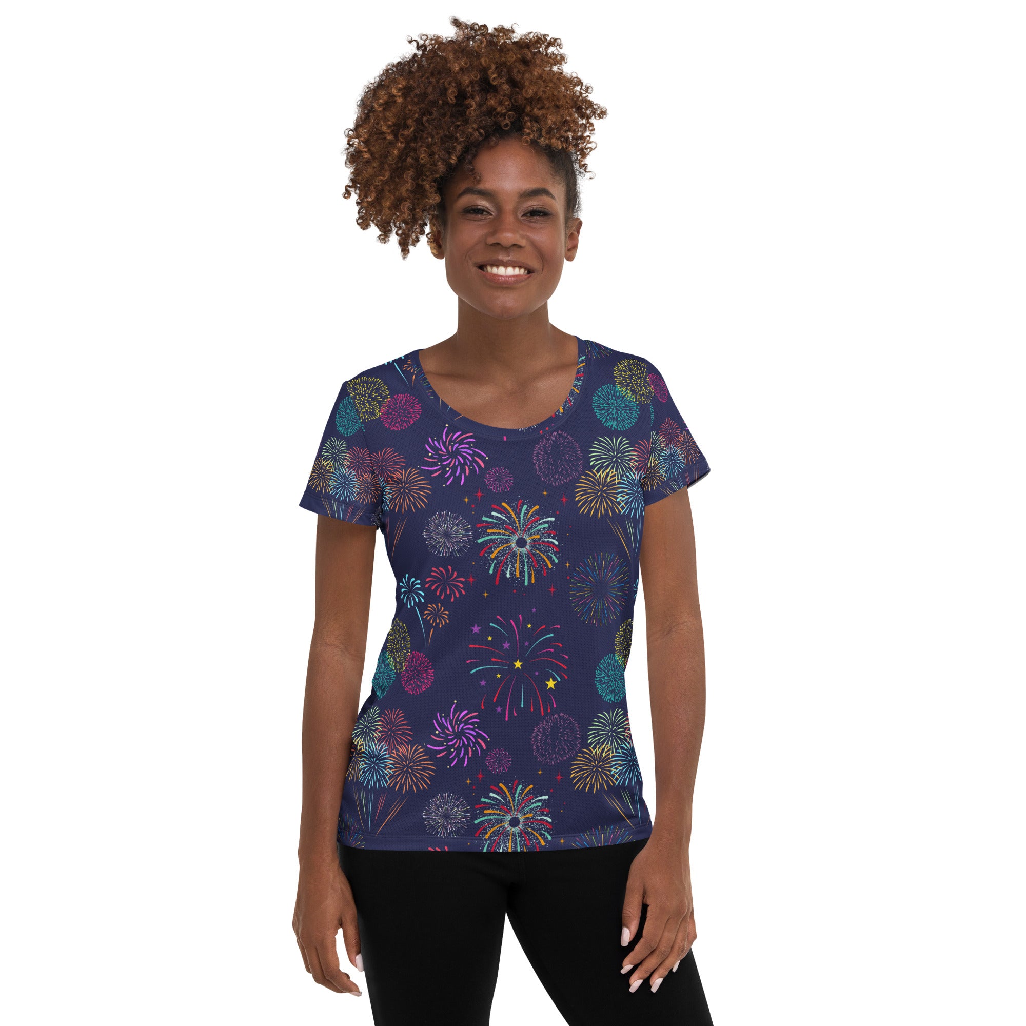 Women’s Colorful Fireworks Performance Athletic T-Shirt - Lightweight Moisture Wicking Workout Top with UPF 50+