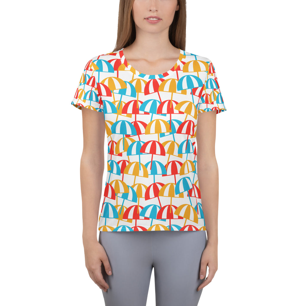 Women’s Colorful Beach Umbrella Performance Athletic T-Shirt - Lightweight Moisture Wicking Workout Top with UPF 50+
