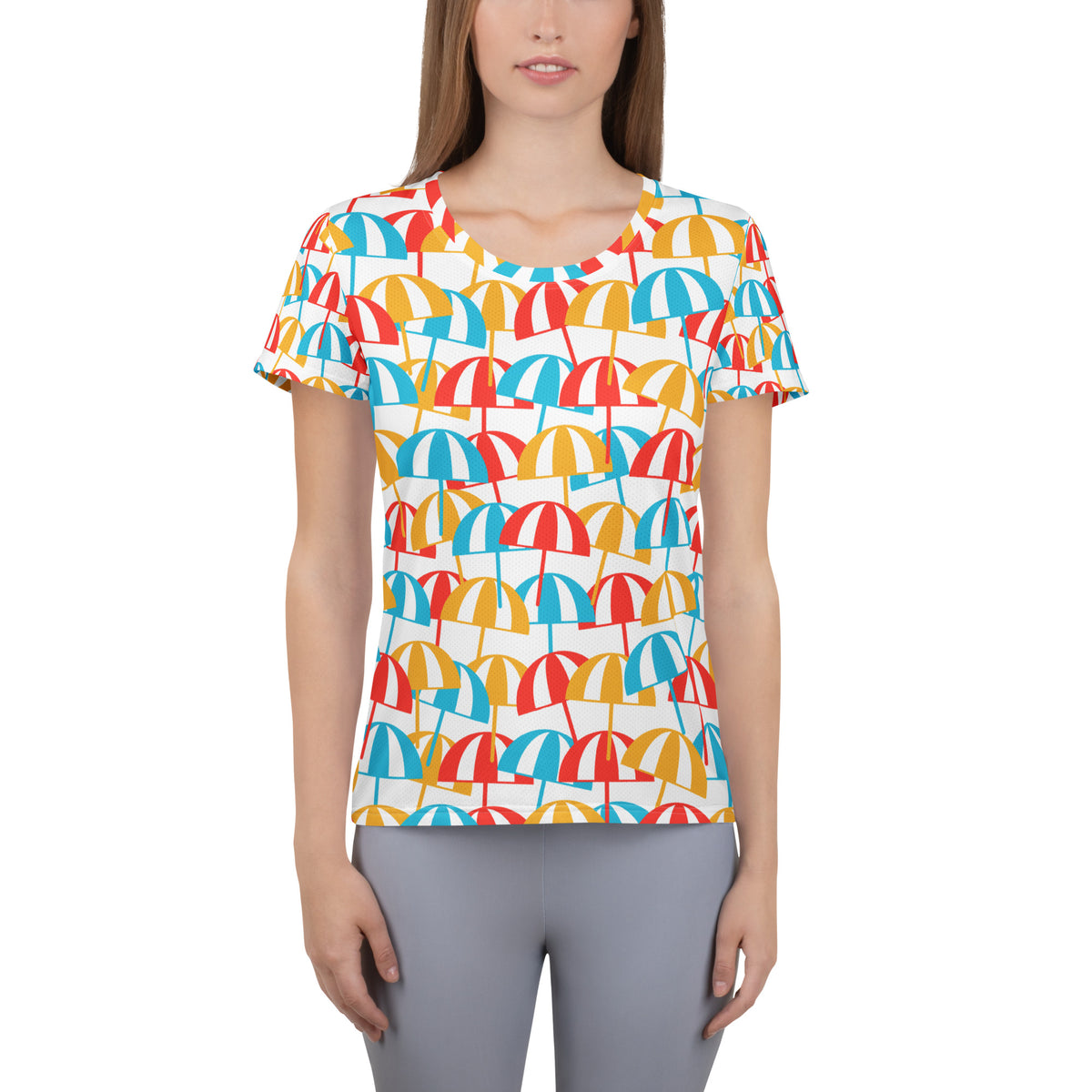 Women’s Colorful Beach Umbrella Performance Athletic T-Shirt - Lightweight Moisture Wicking Workout Top with UPF 50+
