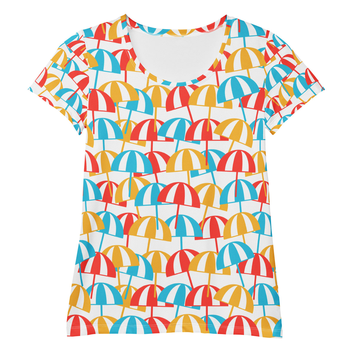 Women’s Colorful Beach Umbrella Performance Athletic T-Shirt - Lightweight Moisture Wicking Workout Top with UPF 50+