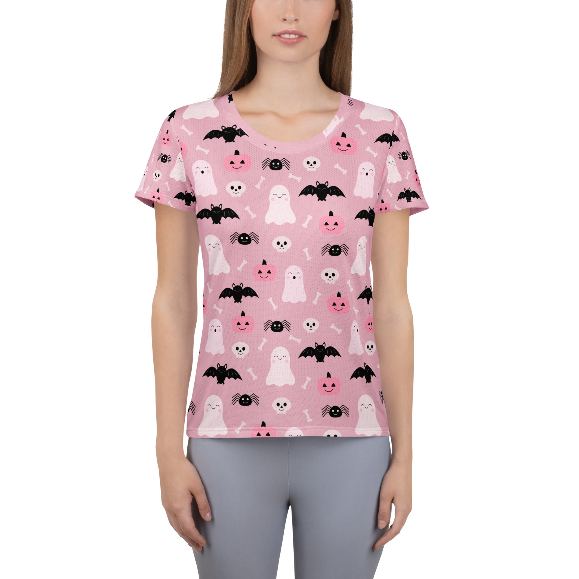 Women’s Pink Halloween Performance Athletic T-Shirt - Lightweight Moisture Wicking Workout Top with UPF 50+