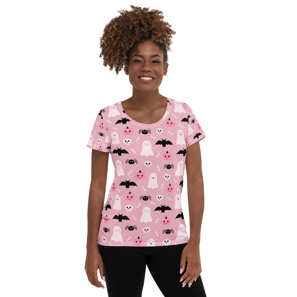 Women’s Pink Halloween Performance Athletic T-Shirt - Lightweight Moisture Wicking Workout Top with UPF 50+