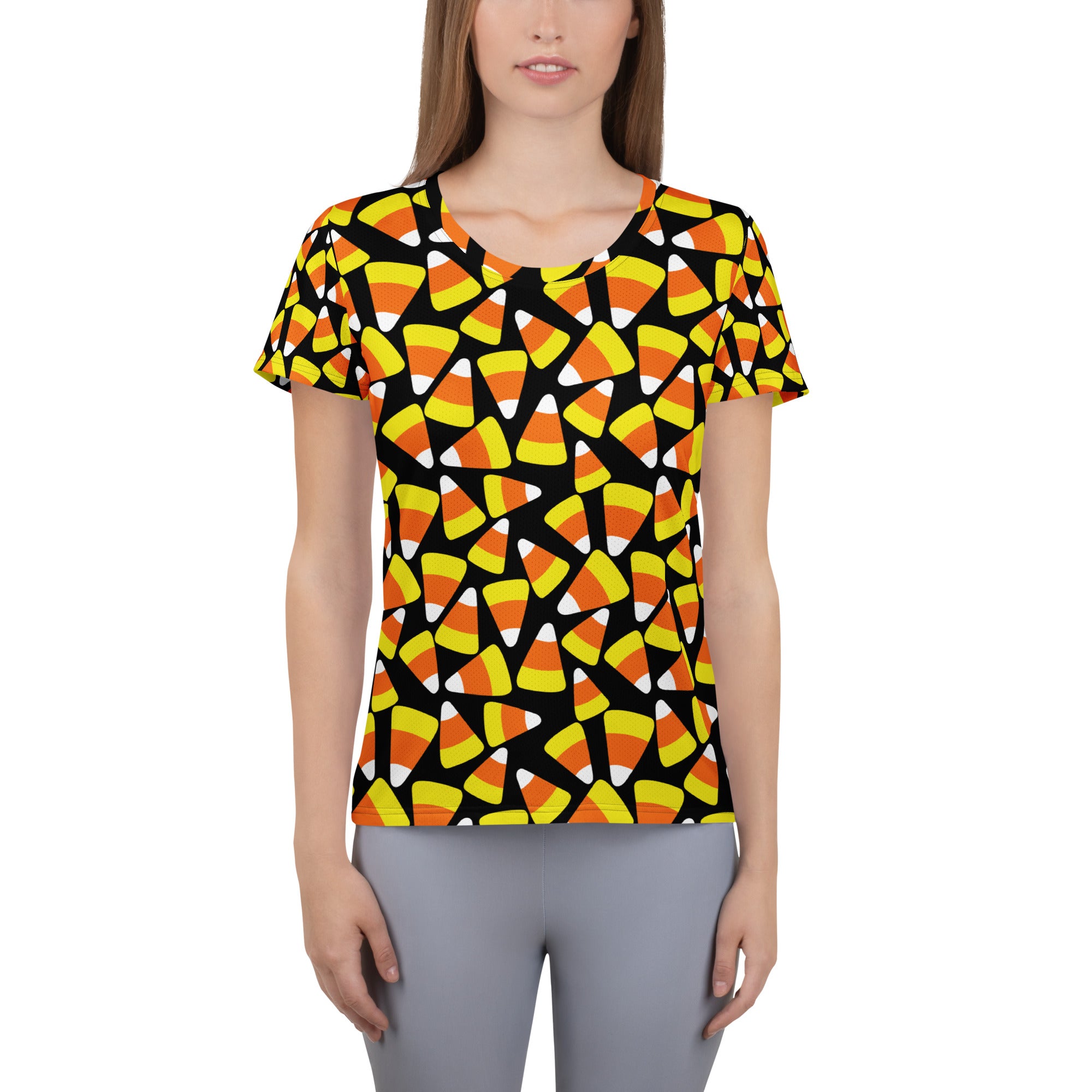 Women’s Candy Corn Halloween Performance Athletic T-Shirt - Lightweight Moisture Wicking Workout Top with UPF 50+