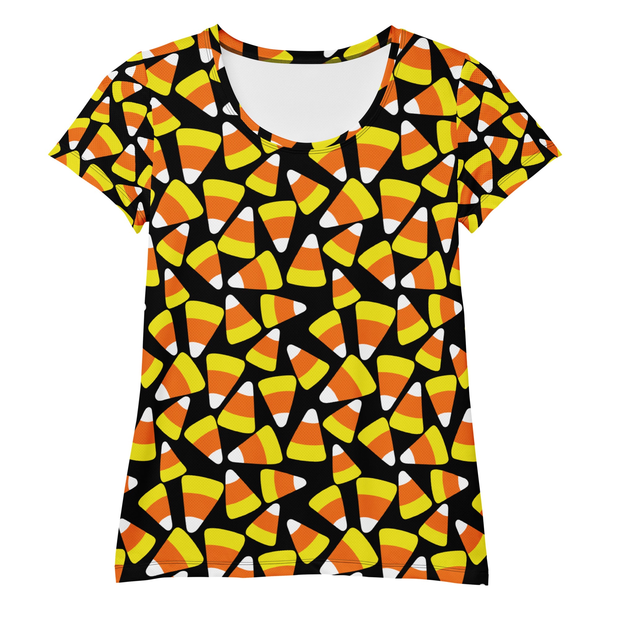 Women’s Candy Corn Halloween Performance Athletic T-Shirt - Lightweight Moisture Wicking Workout Top with UPF 50+