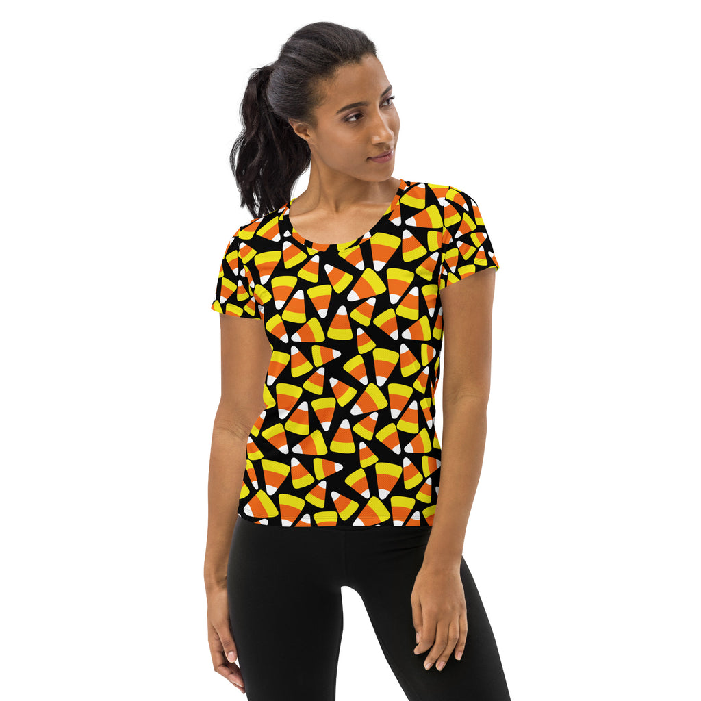 Women’s Candy Corn Halloween Performance Athletic T-Shirt - Lightweight Moisture Wicking Workout Top with UPF 50+