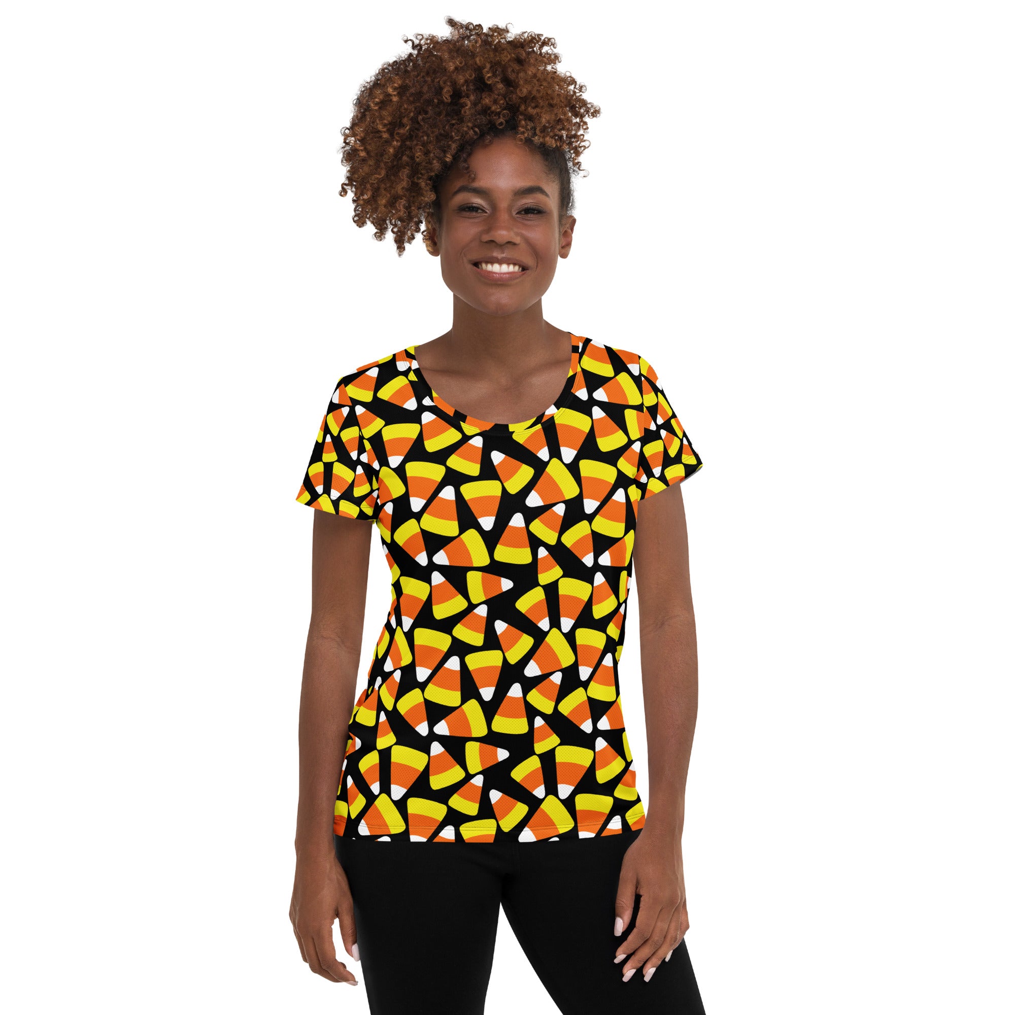 Women’s Candy Corn Halloween Performance Athletic T-Shirt - Lightweight Moisture Wicking Workout Top with UPF 50+