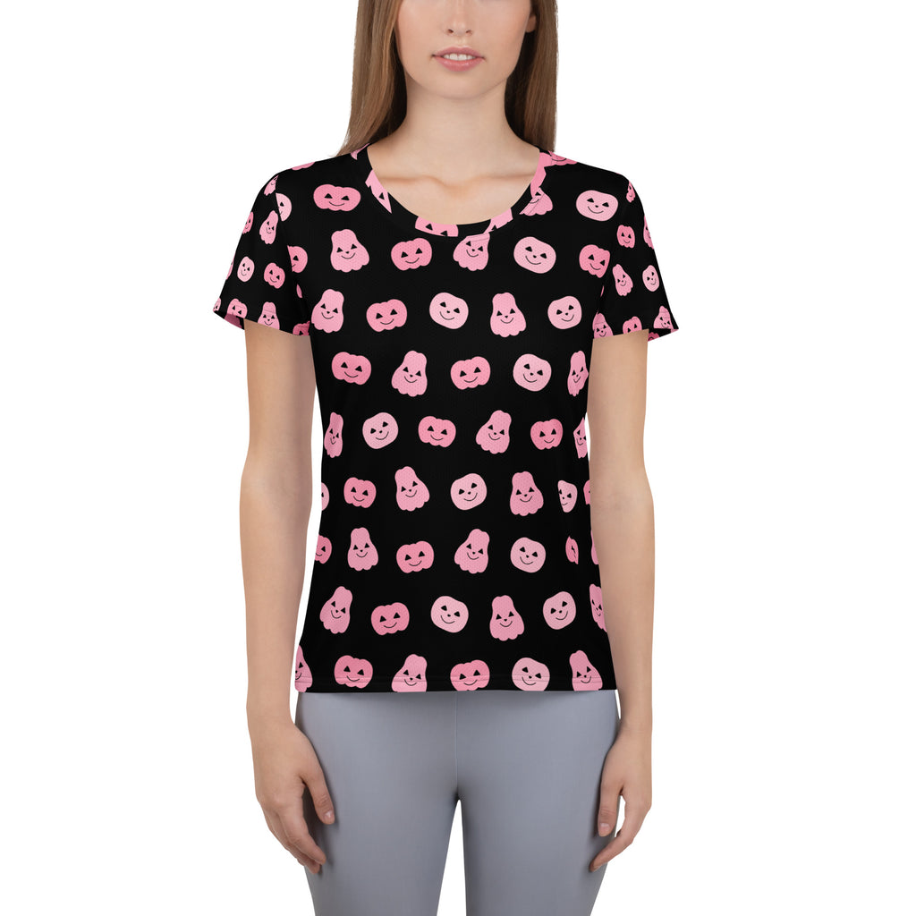 Women’s Pink Pumpkin Halloween Performance Athletic T-Shirt - Lightweight Moisture Wicking Workout Top with UPF 50+